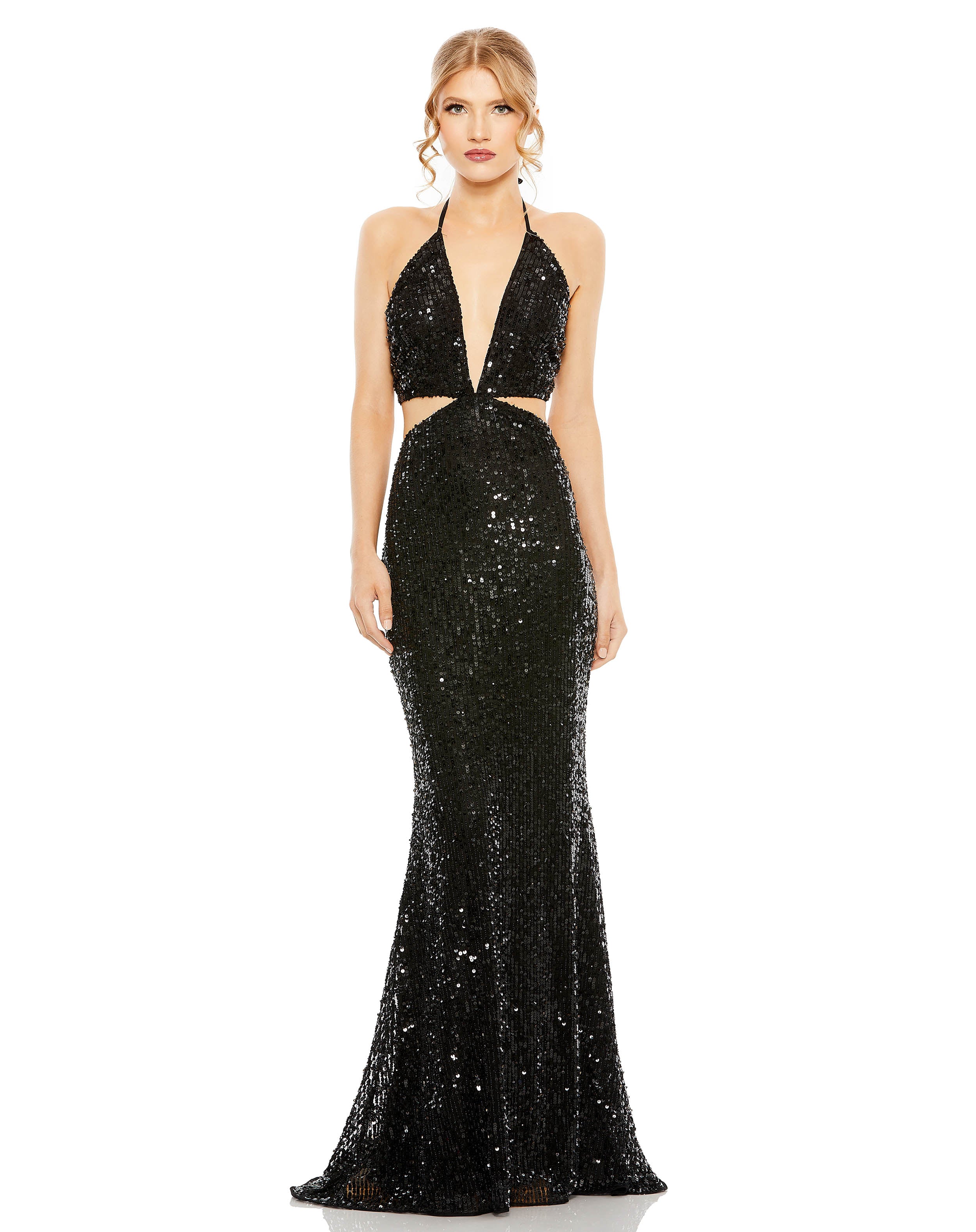 Cut Out Halter Tie Back Sequin Gown