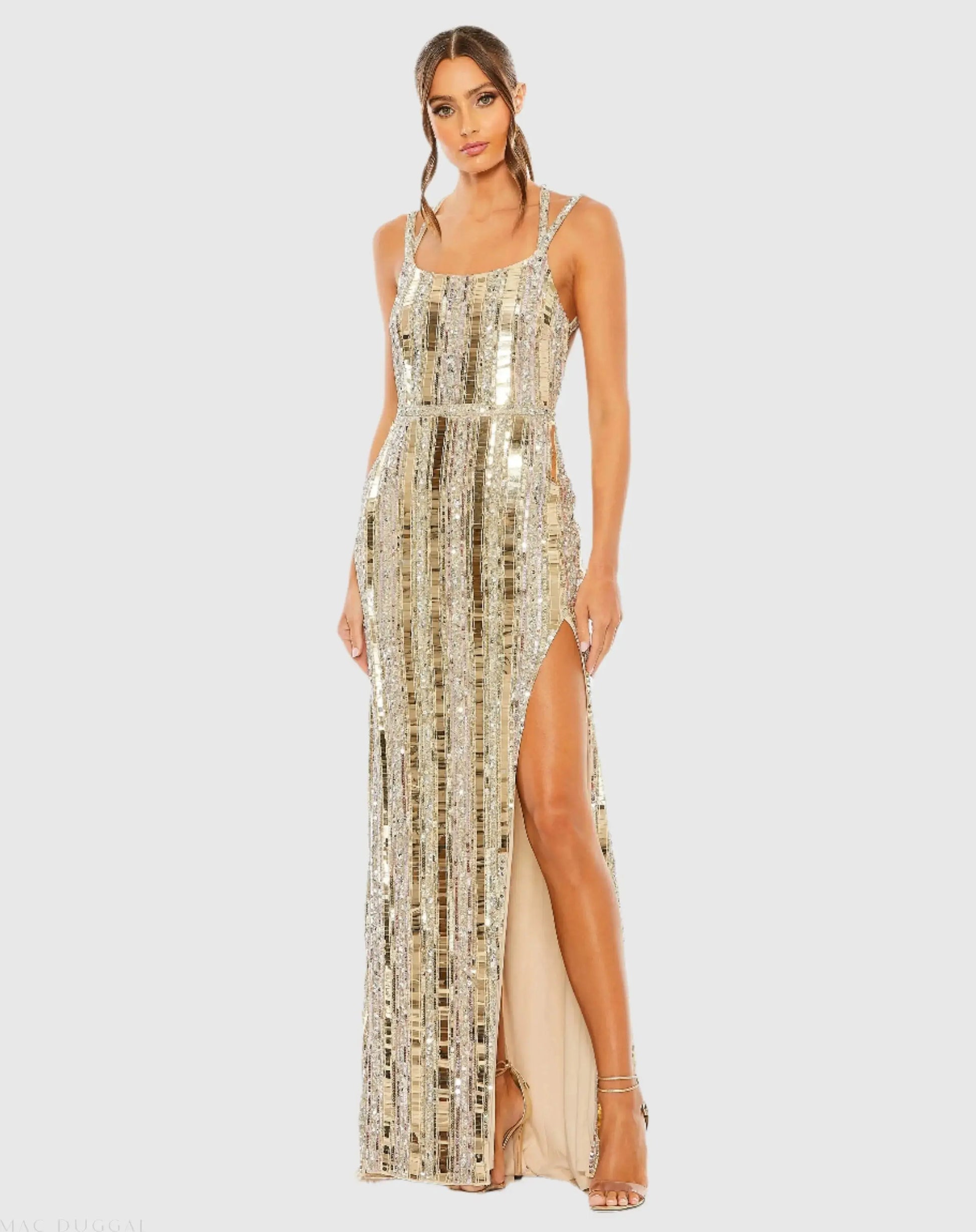 Gold Halter Neck Embellished Detailed Back Gown - Mac Duggal Gold Halter Neck Embellished Detailed Back Gown - Mac Duggal