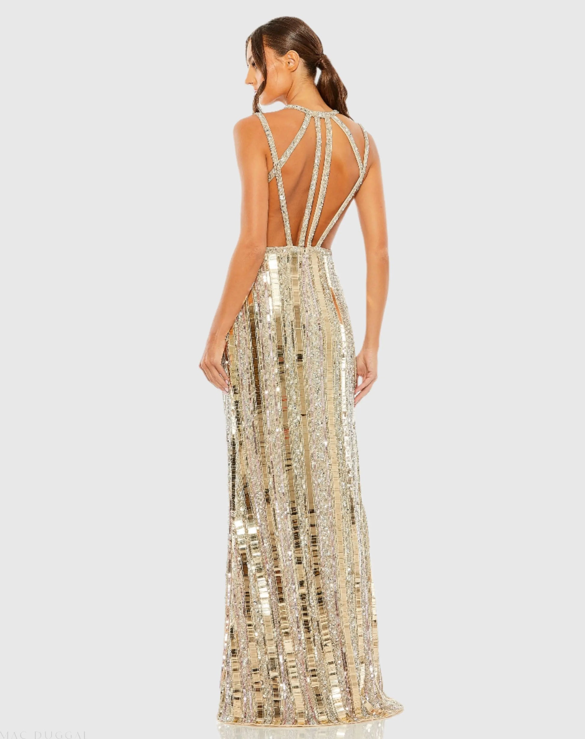 Gold Halter Neck Embellished Detailed Back Gown - Mac Duggal Gold Halter Neck Embellished Detailed Back Gown - Mac Duggal