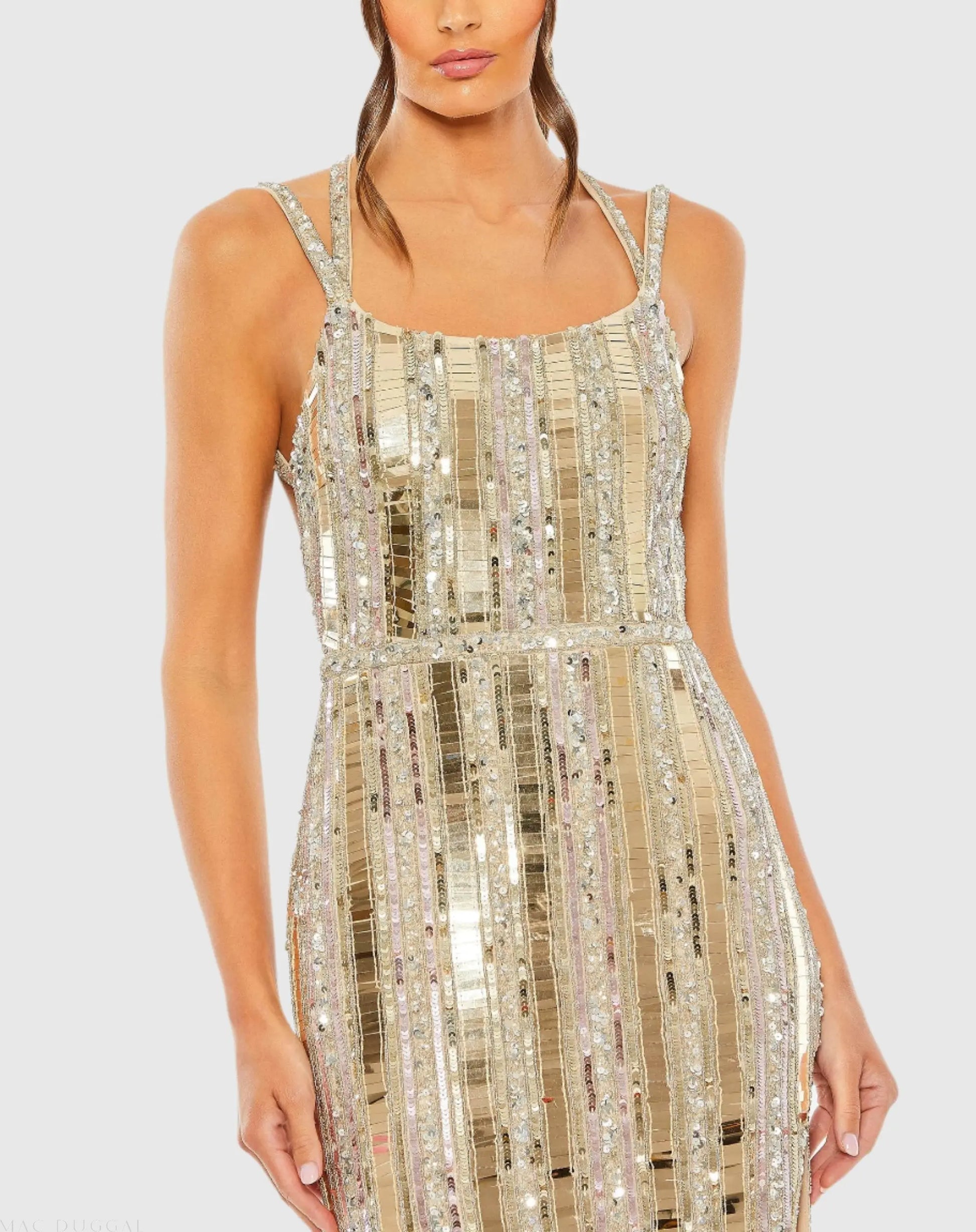 Gold Halter Neck Embellished Detailed Back Gown - Mac Duggal Gold Halter Neck Embellished Detailed Back Gown - Mac Duggal