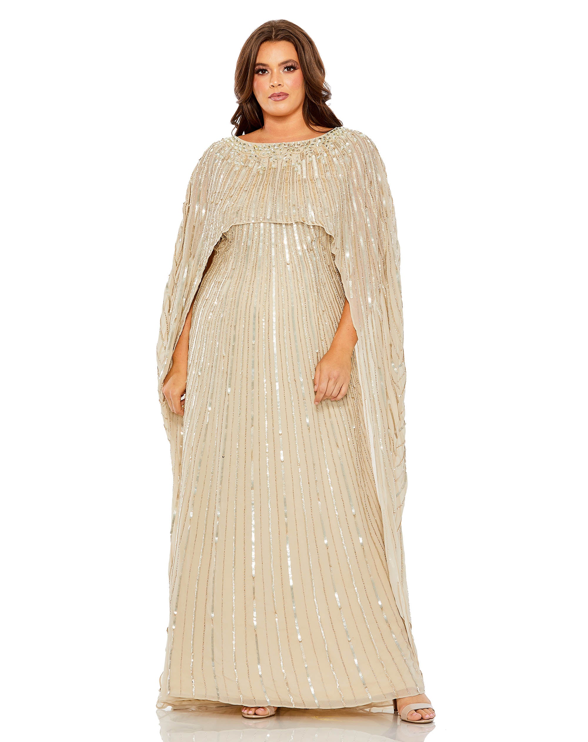 Embellished Column Cape Gown