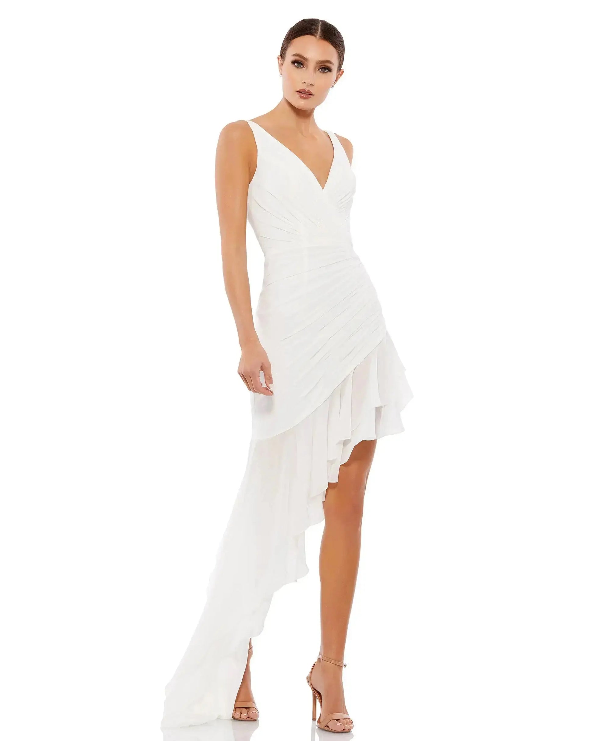 Asymmetrical Ruffled V-Neck Chiffon Dress | Mac Duggal Asymmetrical Ruffled V-Neck Chiffon Dress | Mac Duggal