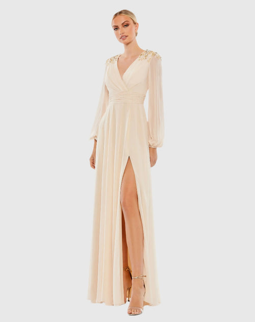 Beige Embellished Shoulder Blouson Sleeve Evening Gown