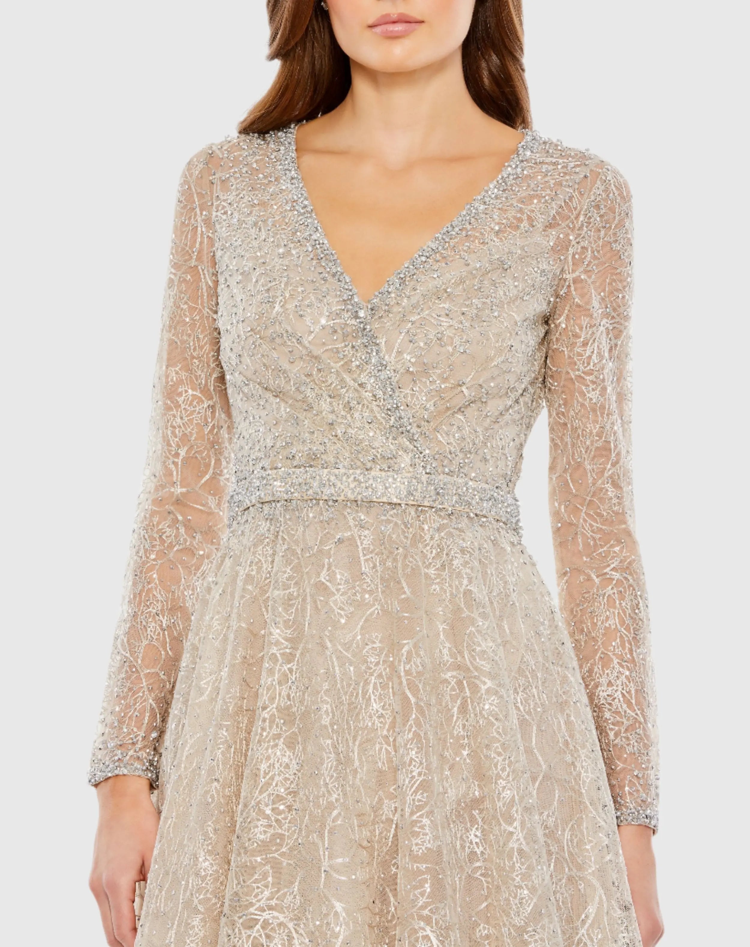 Beige Embellished Wrap Over Long Sleeve Midi Dress - Mac Duggal