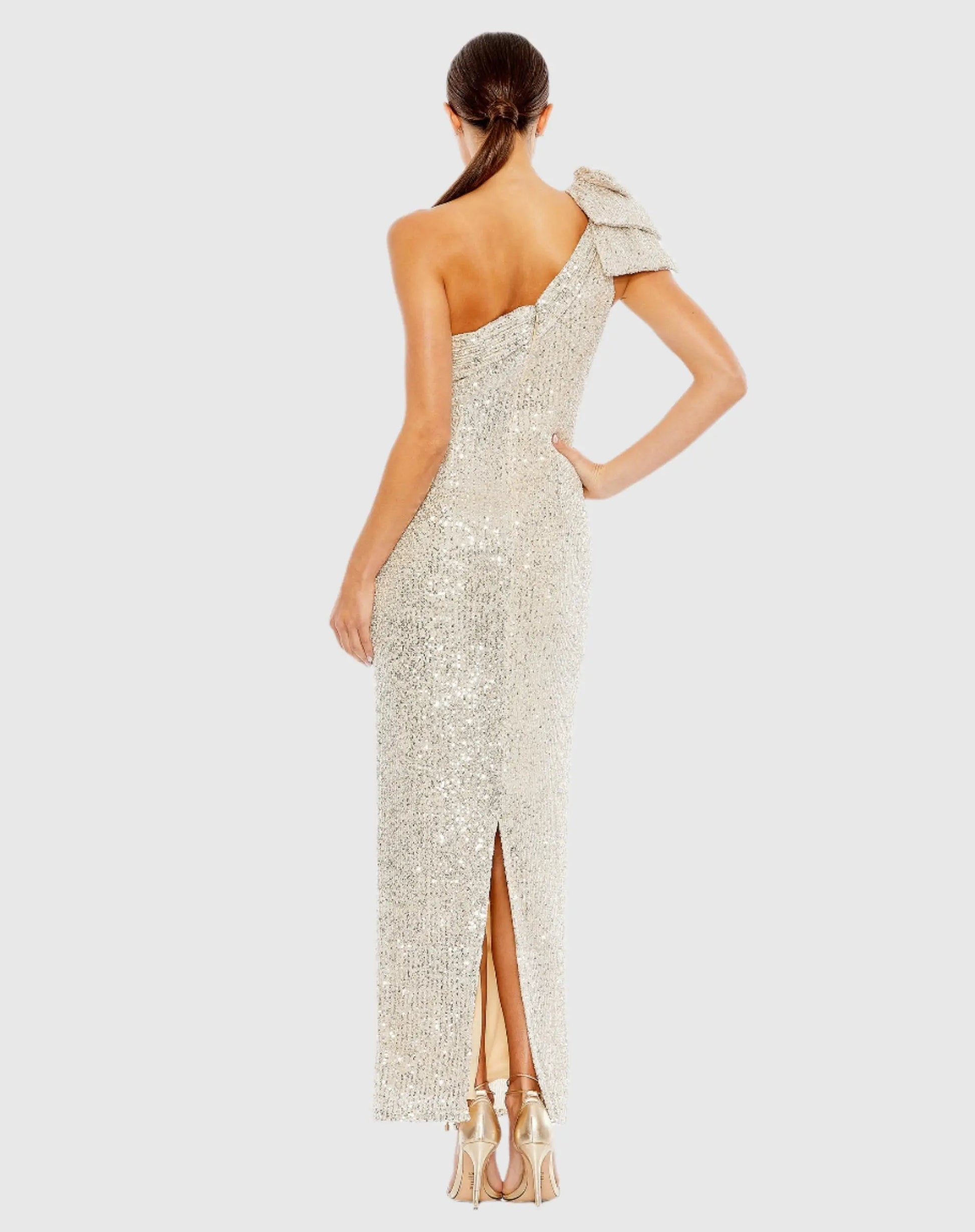 Beige Sequined Bow One Shoulder Column Gown - Mac Duggal