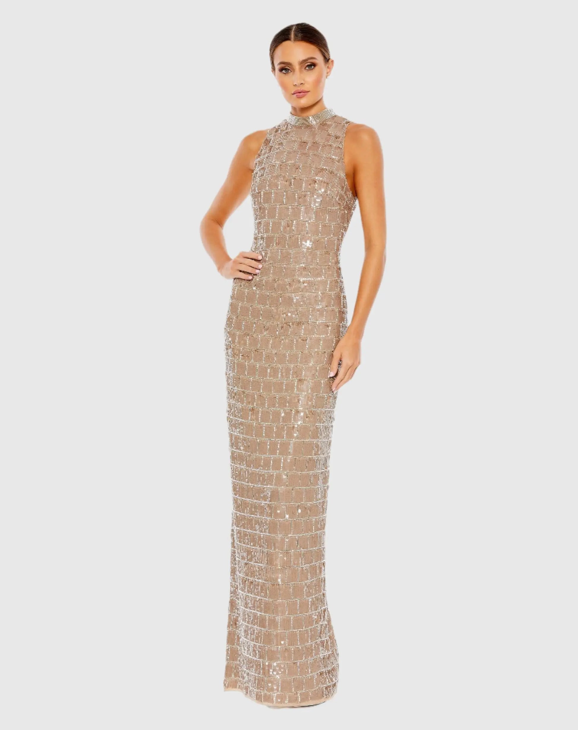 Sequined High Neck Sleeveless Column Gown - Mac Duggal