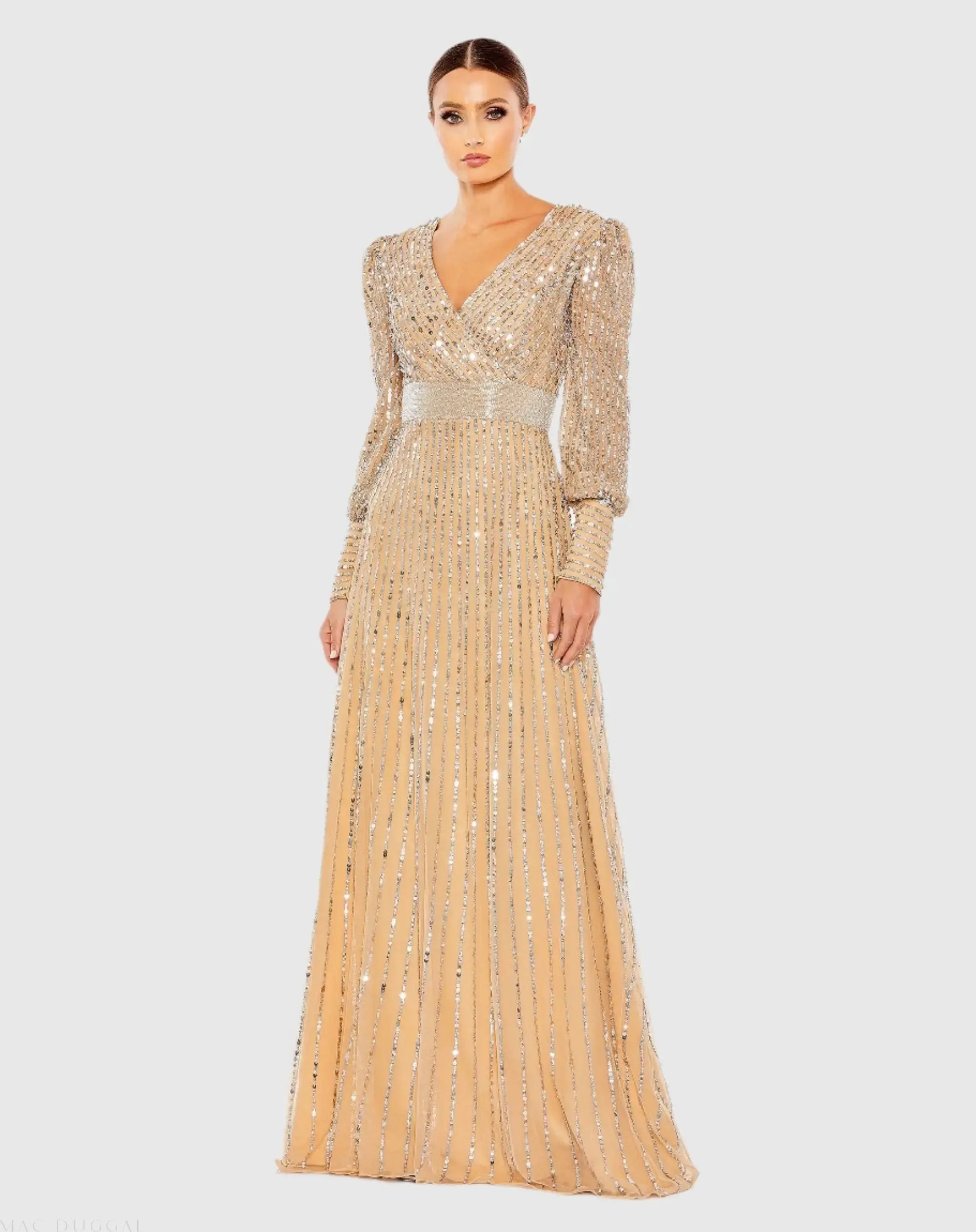 Beige Sequined Wrap Over Bishop Sleeve Gown - Mac Duggal