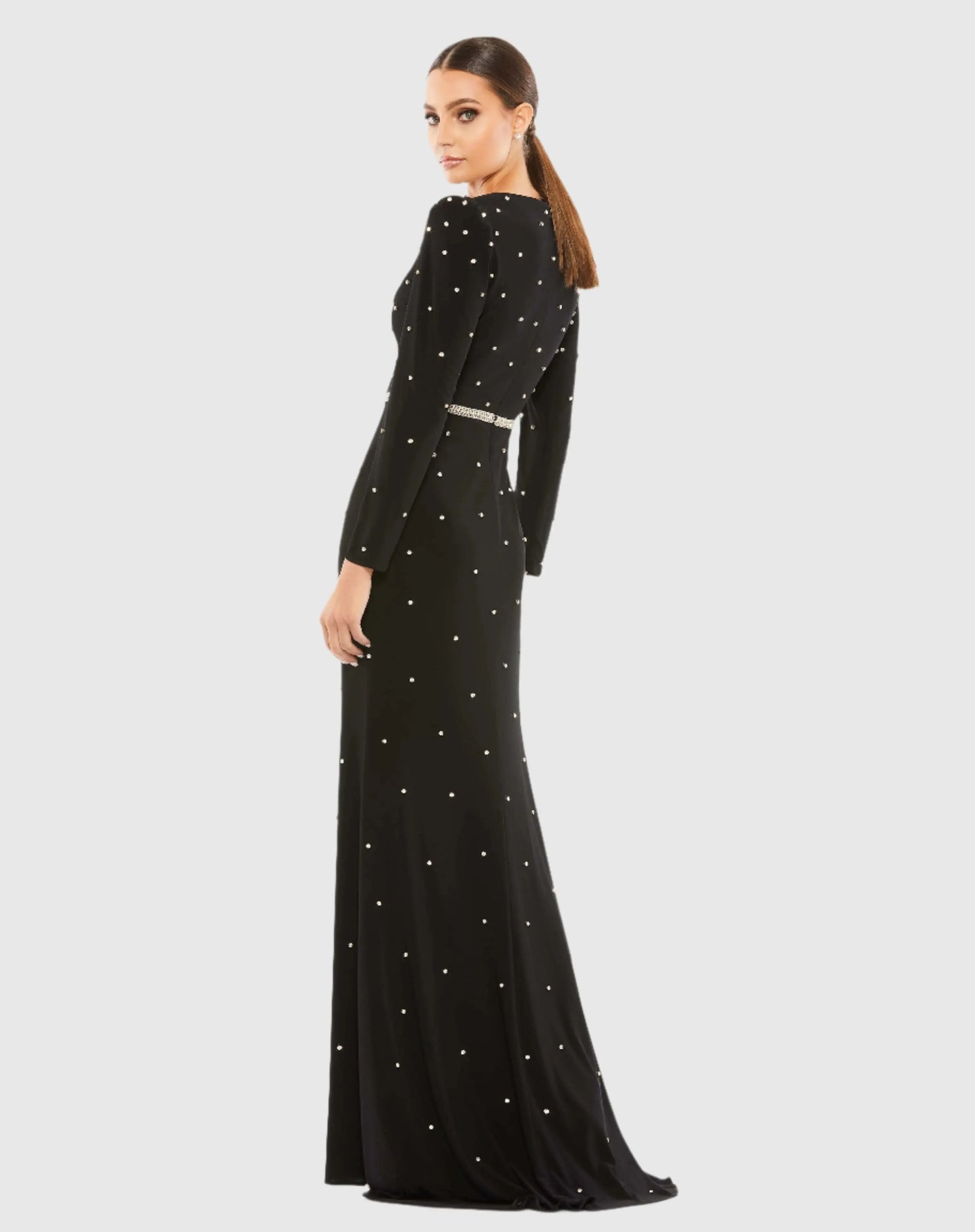 Belted Jewel Encrusted Plunge Neck Long Sleeve Gown - Mac Duggal
