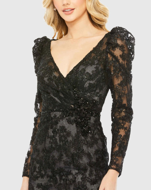 Black Embroidered Lace Puff Sleeve Wrap Over Gown - Mac Duggal