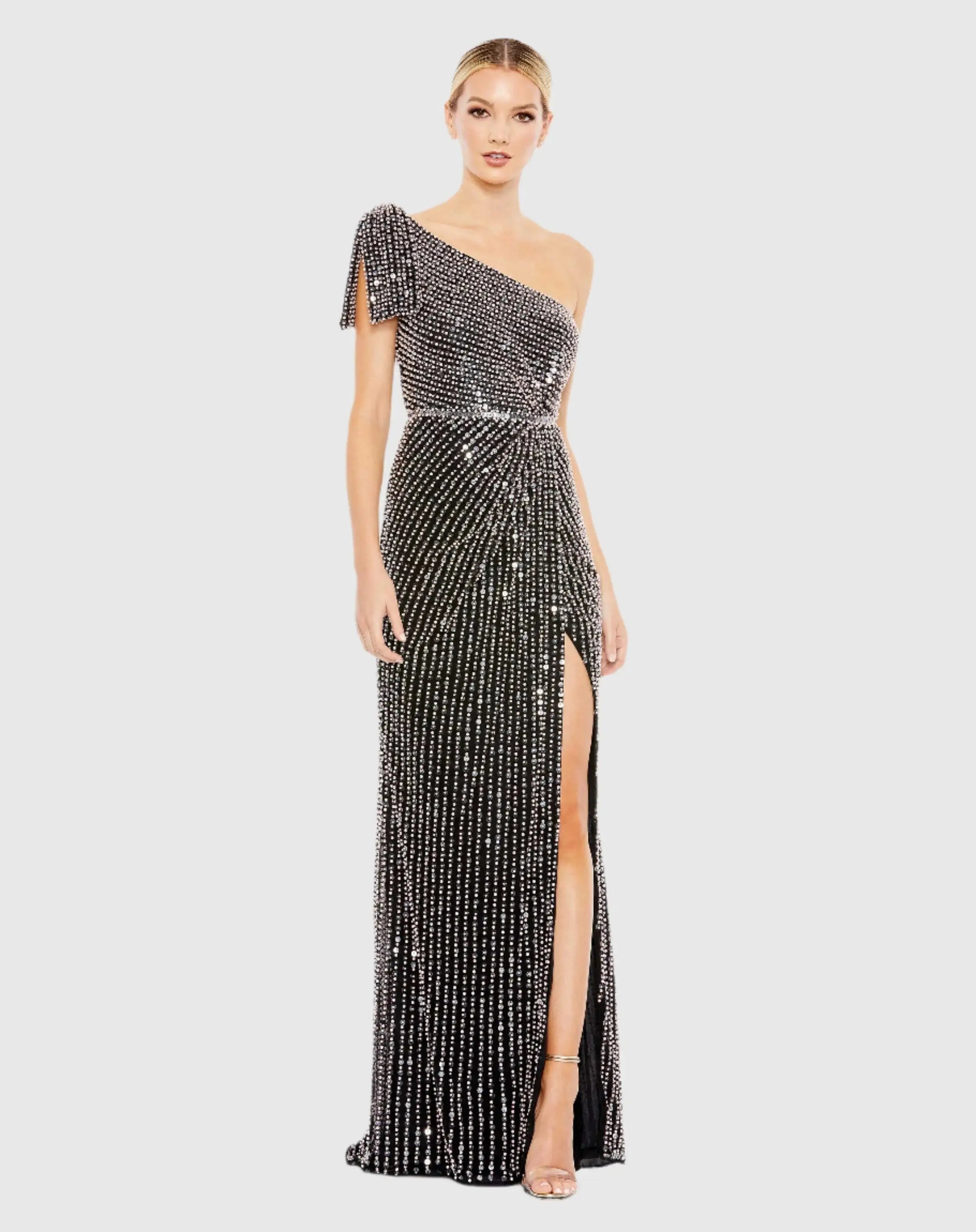 Black Pearl Embellished Soft Tie One Shoulder Gown