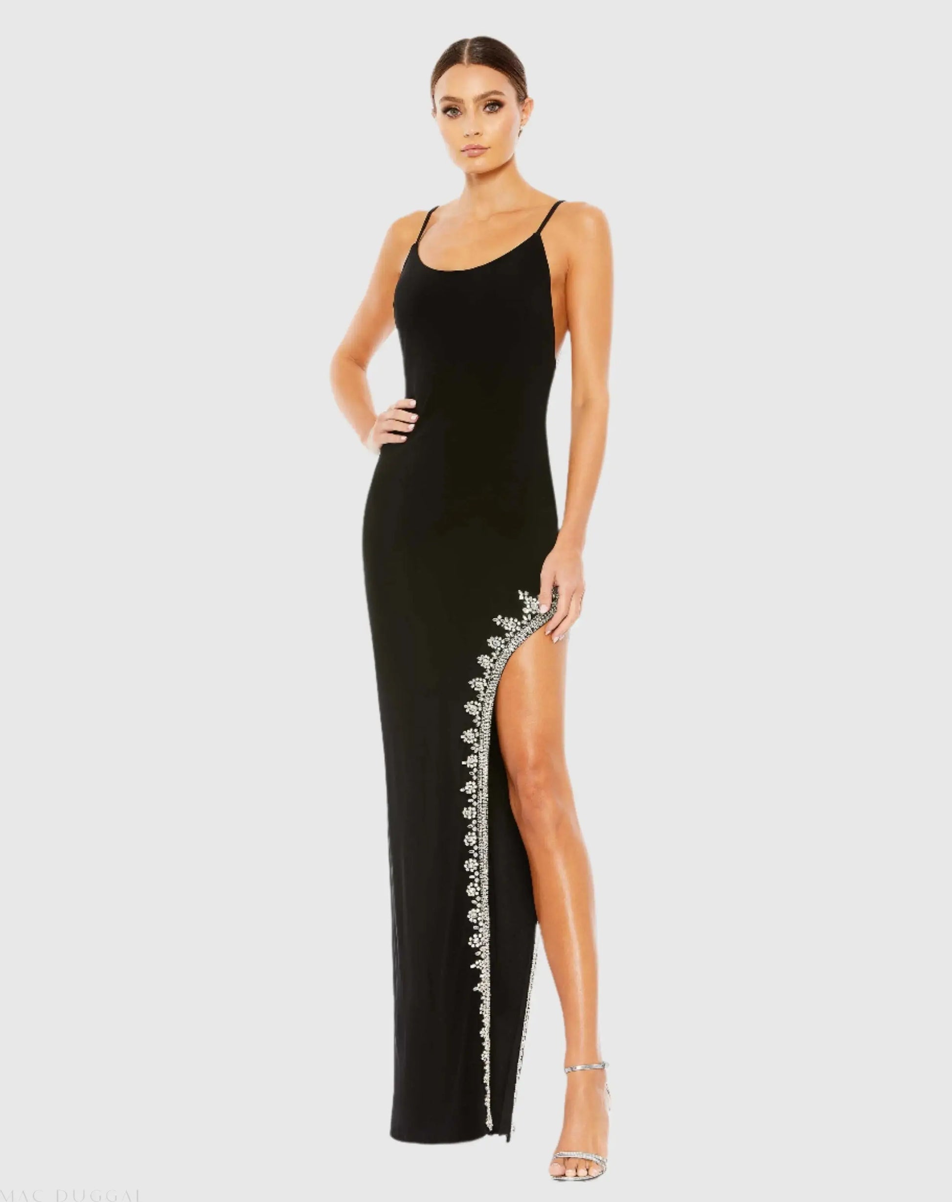 Rhinestone Encrusted Side Slit Cami Bodycon Gown - Mac Duggal Rhinestone Encrusted Side Slit Cami Bodycon Gown - Mac Duggal