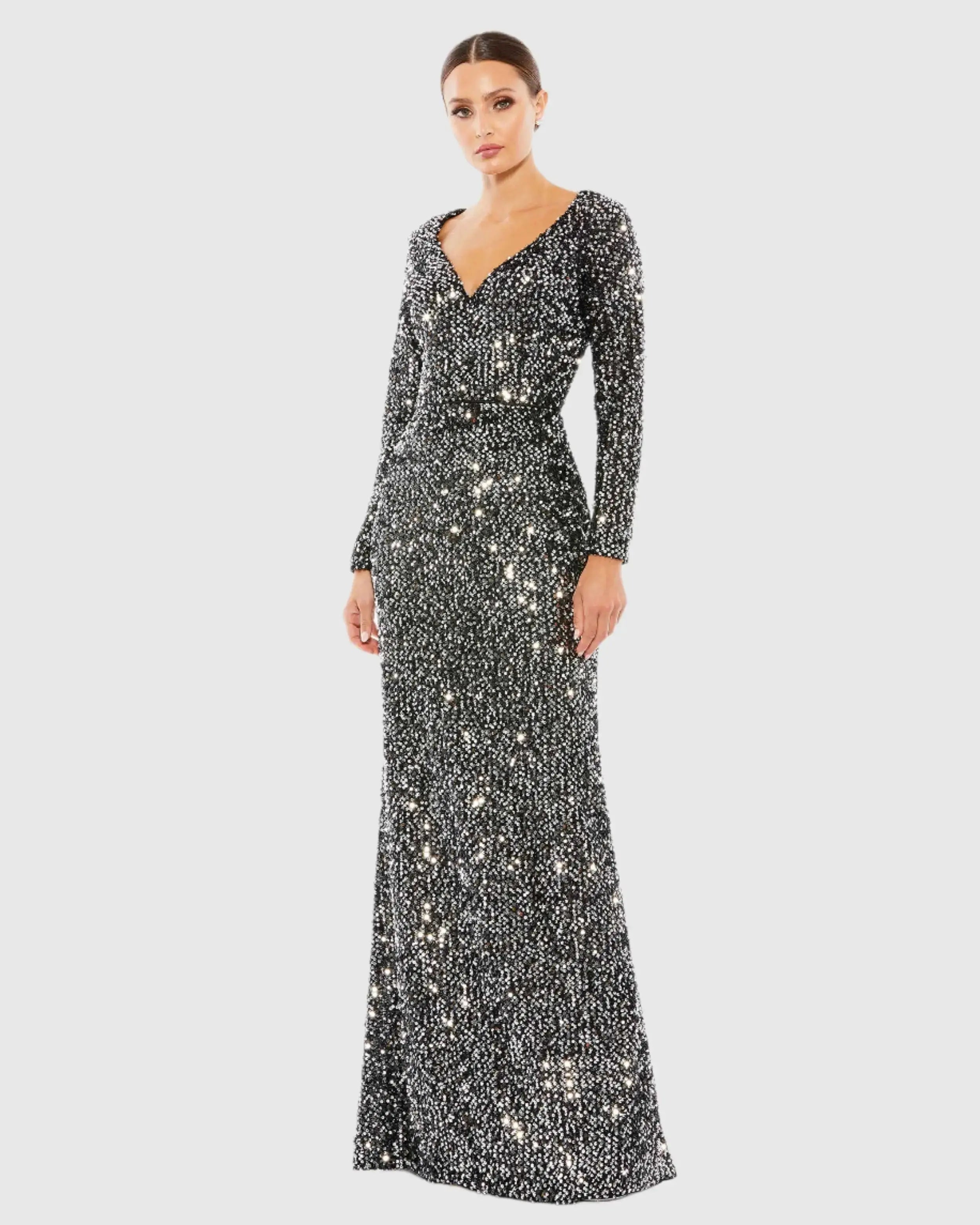 Black and Silver Long Sleeve Sequined Gown