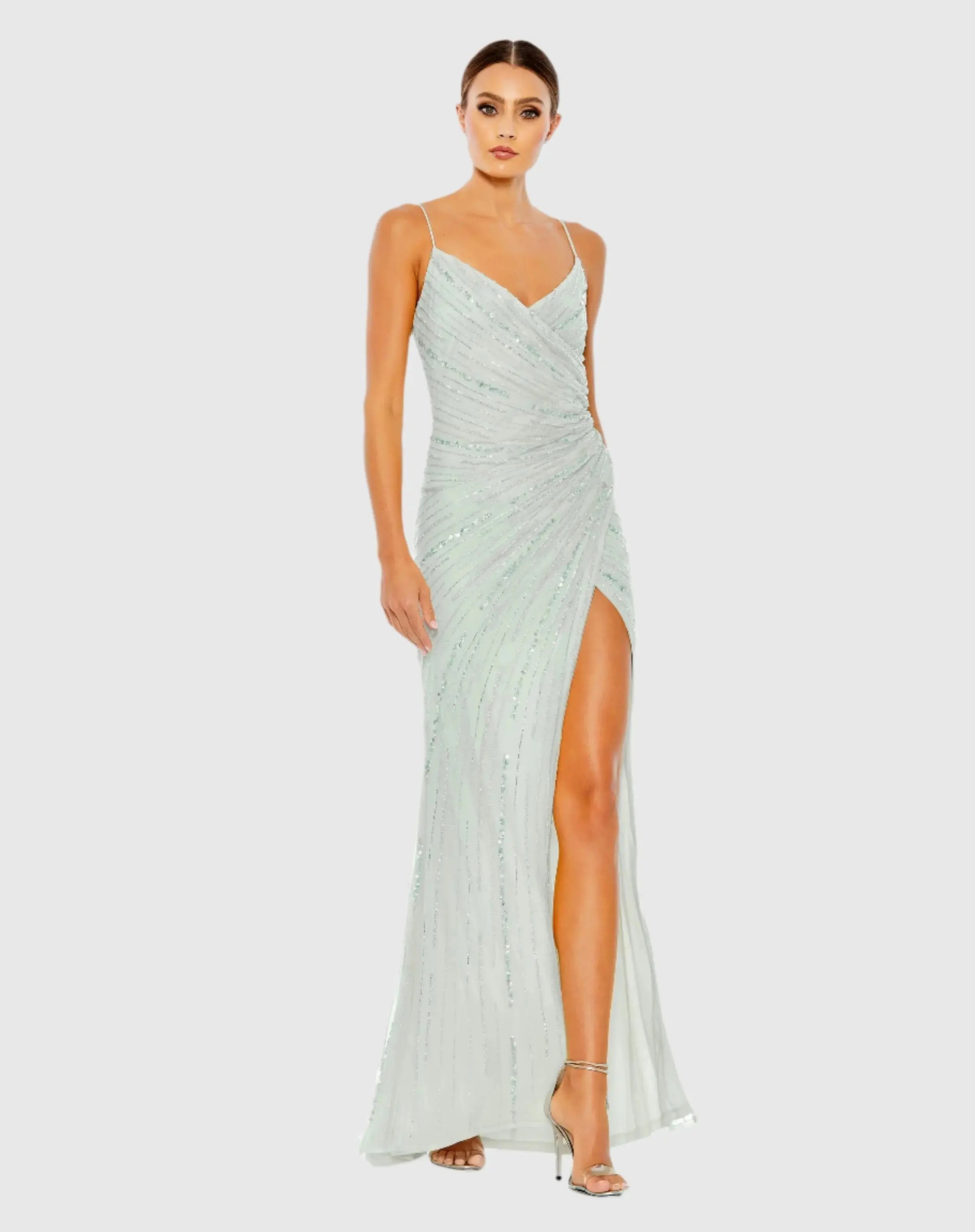 Blue Beaded Sleeveless Faux Wrap Gown