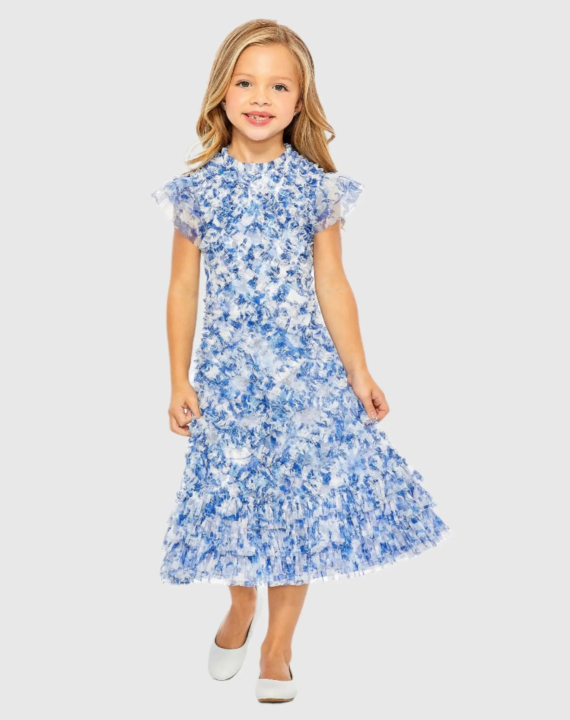 Blue Girls High Neck Ruffle Tiered Mini Dress - Mac Duggal