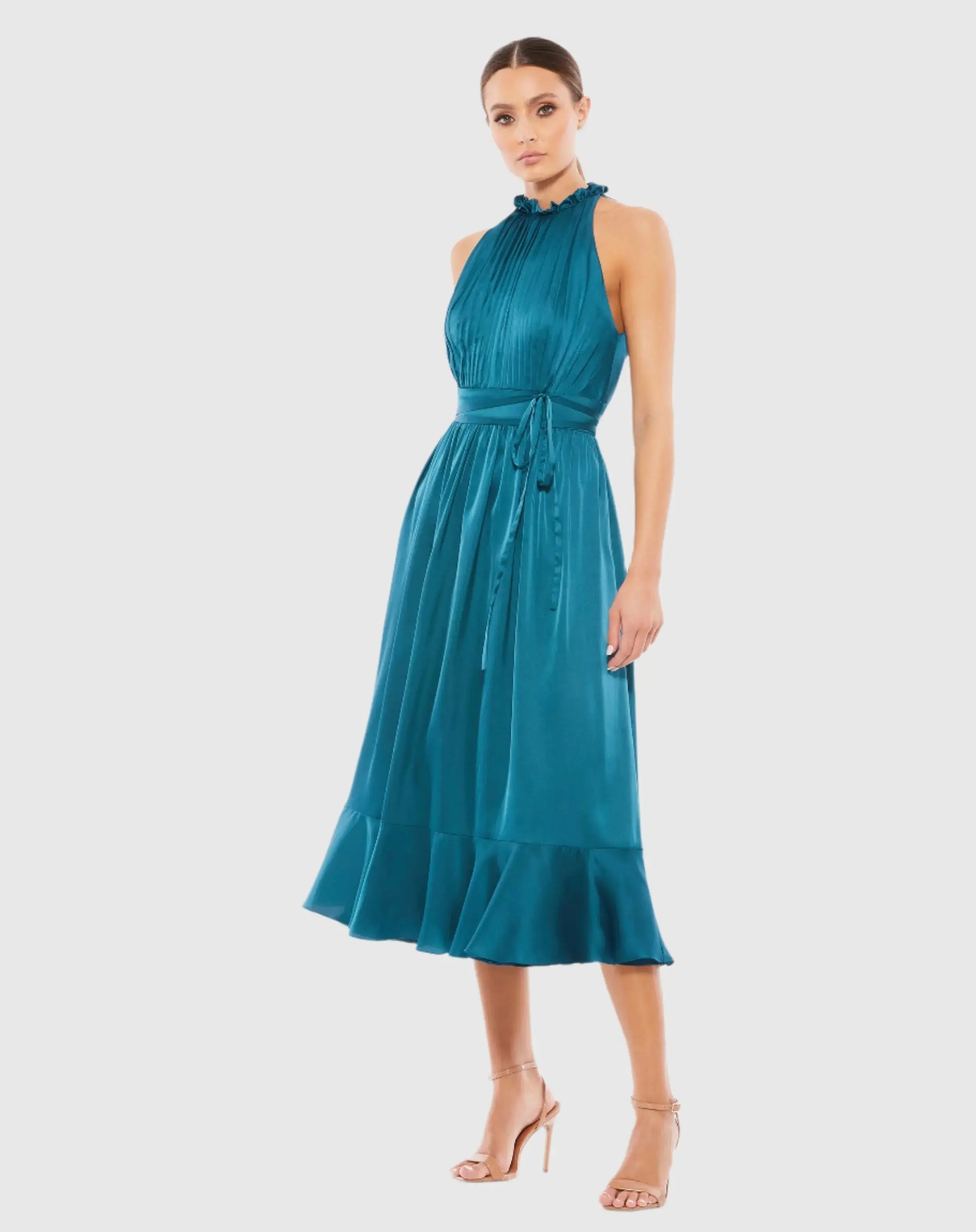 Blue Ruffle Halter Neck Midi Dress - Mac Duggal