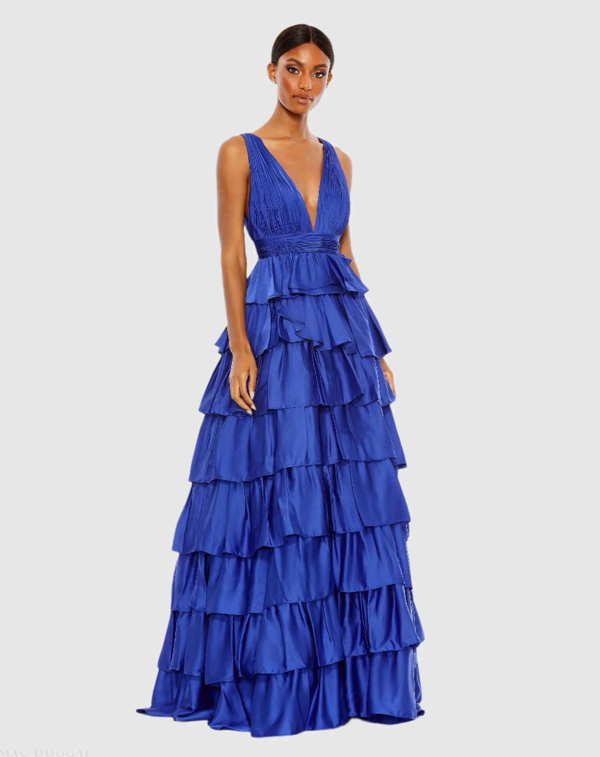 Blue Ruffle Tiered Pleated Sleeveless V Neck Gown - Mac Duggal