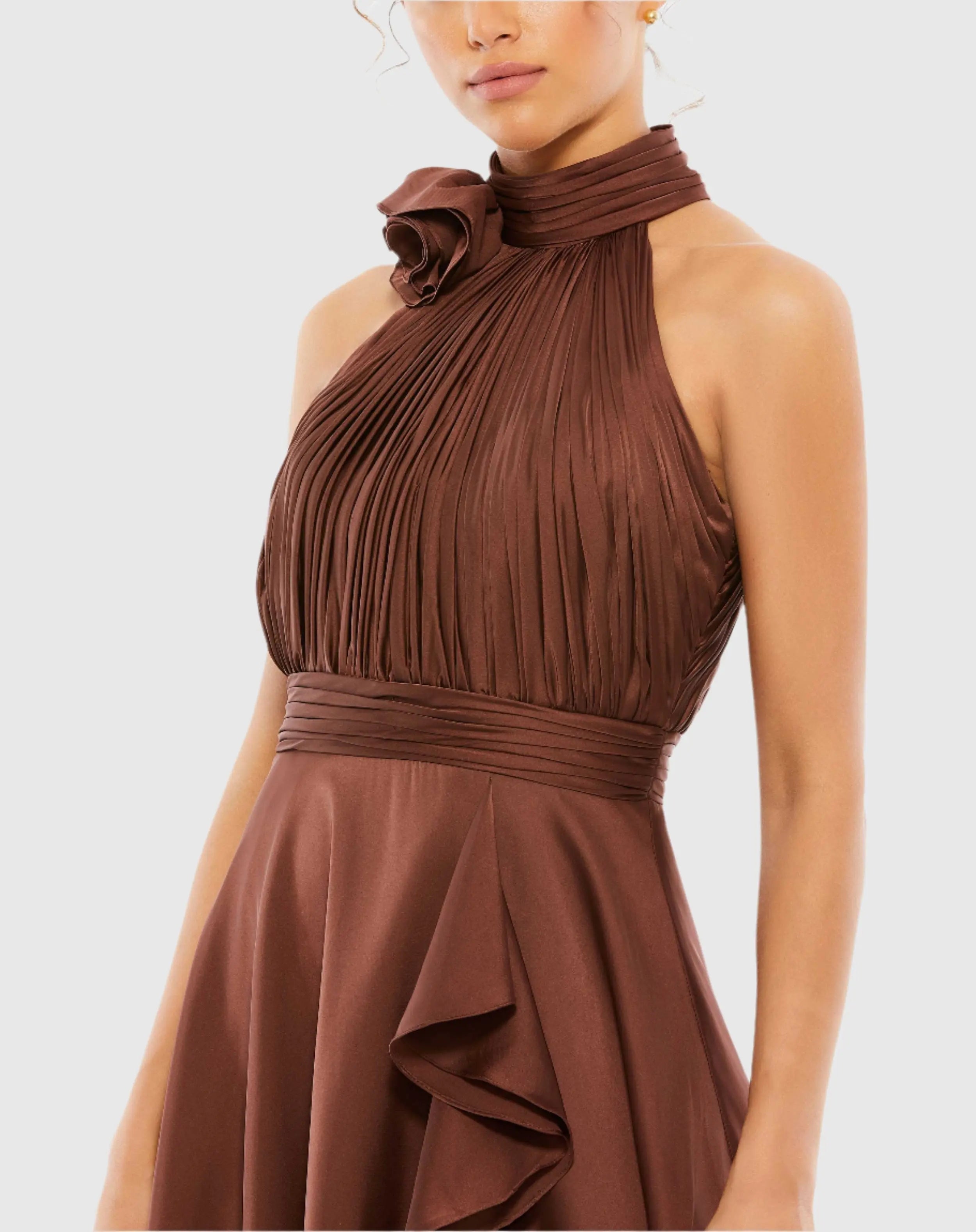 Brown Halter Neck Flower Detail Ruffled Midi Dress - Mac Duggal