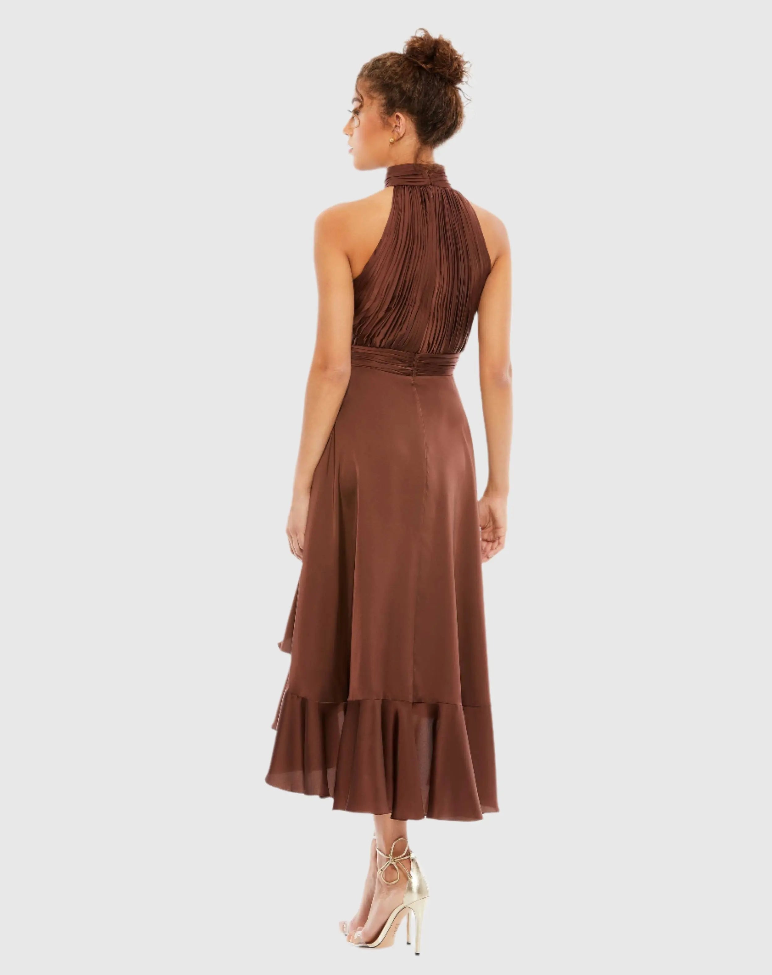 Brown Halter Neck Flower Detail Ruffled Midi Dress - Mac Duggal