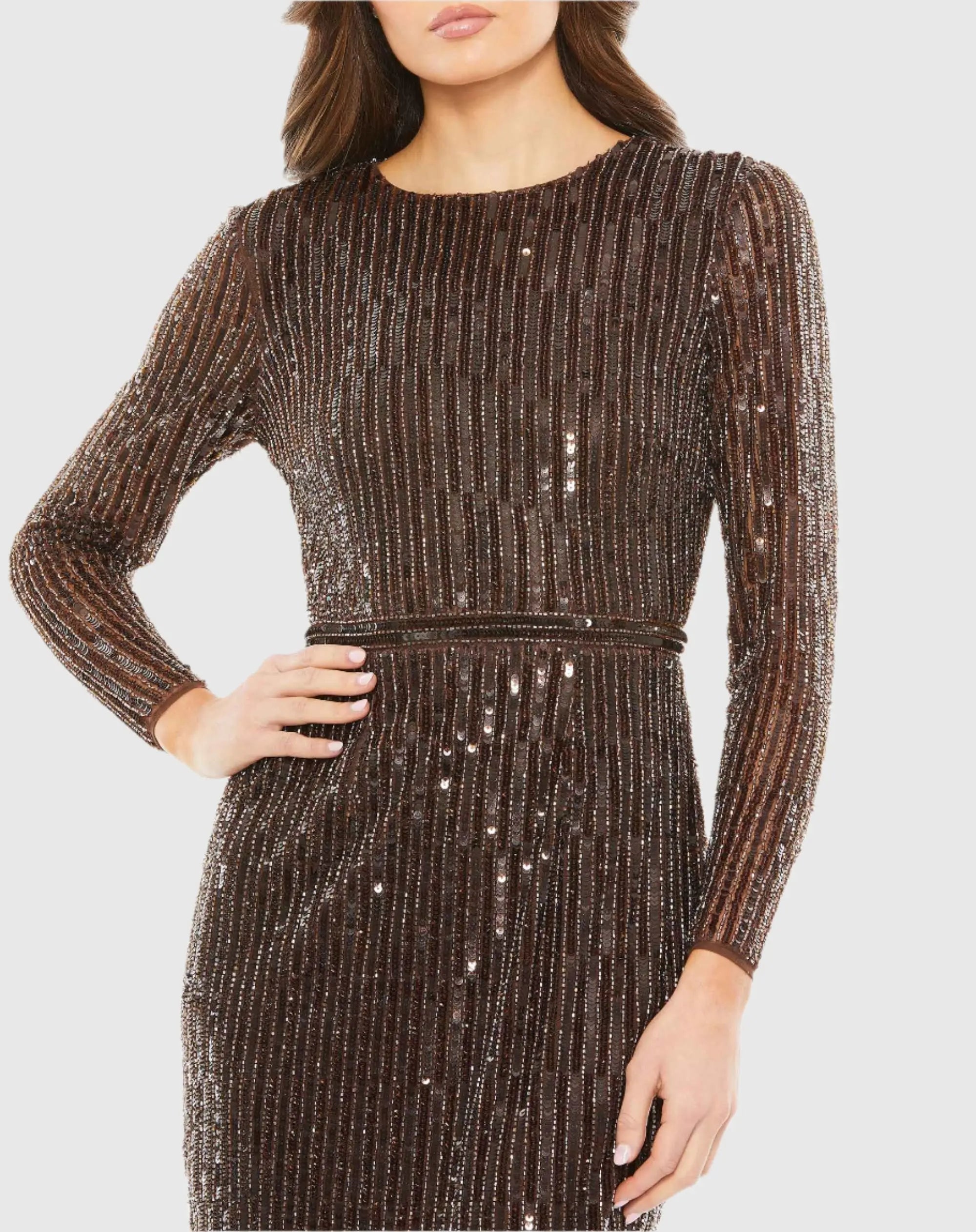 Mac Duggal - Brown Long Sleeve Sequin Mini Dress - US 10 Mac Duggal - Brown Long Sleeve Sequin Mini Dress - US 10