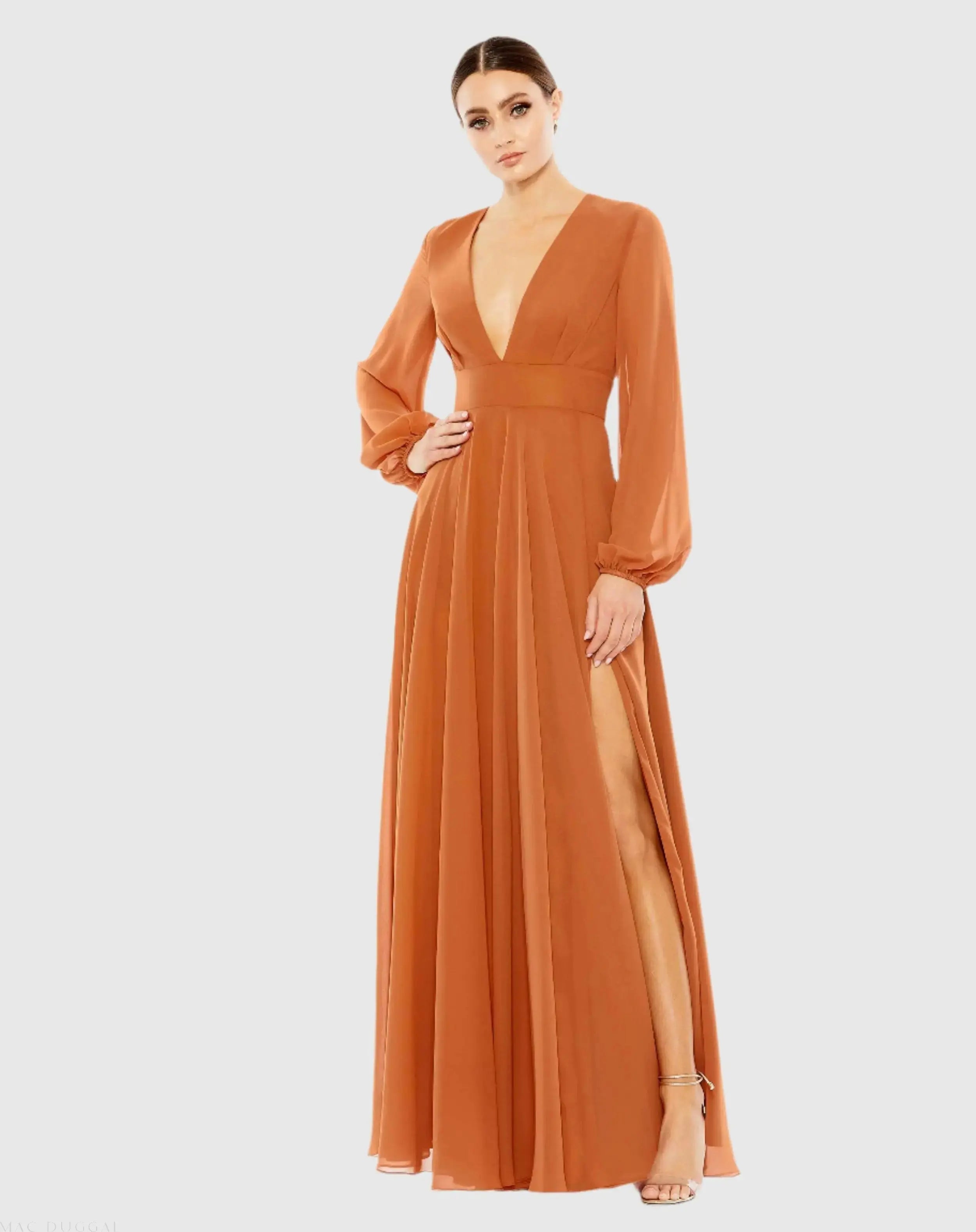 Brown V-Neck Illusion Long Sleeve Chiffon Gown - Mac Duggal