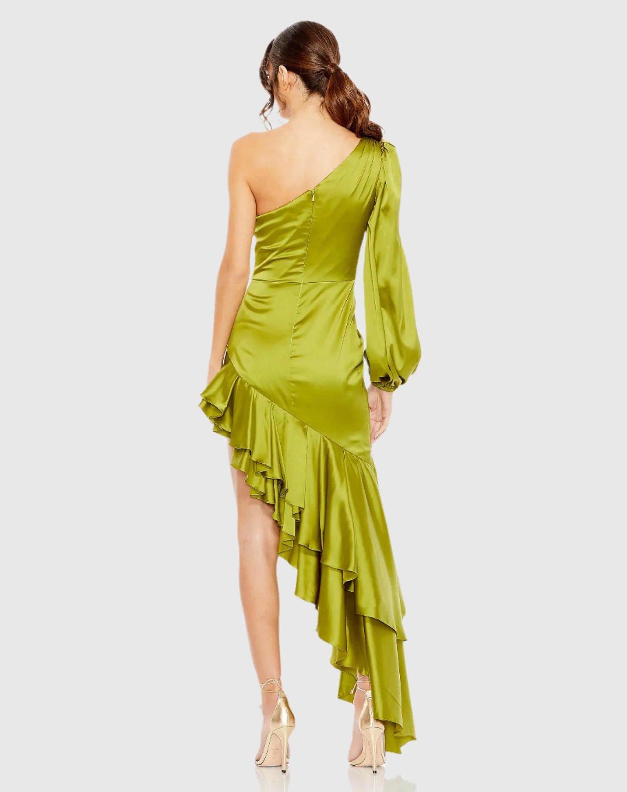 Green Charmeuse One Sleeve Ruffled Asymmetrical Gown - Ieena for Mac Duggal