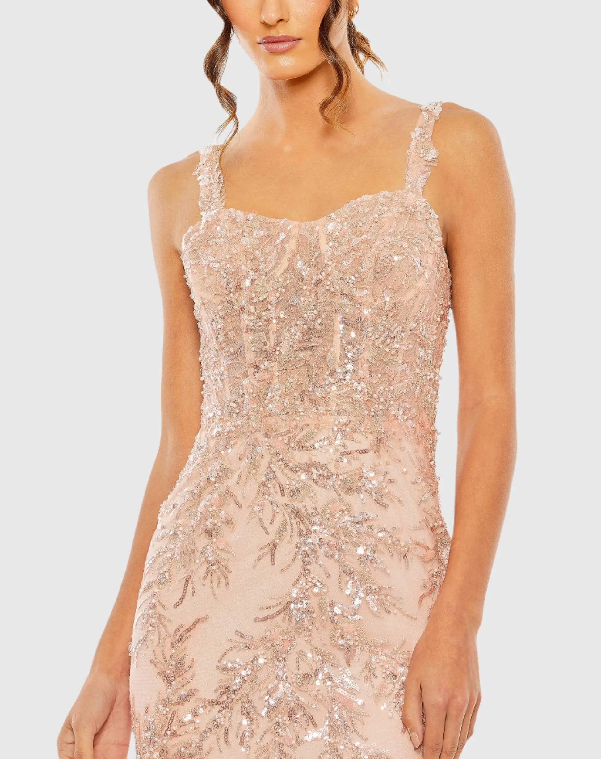 mac duggal corset dress Metallic Corset Back Column Gown