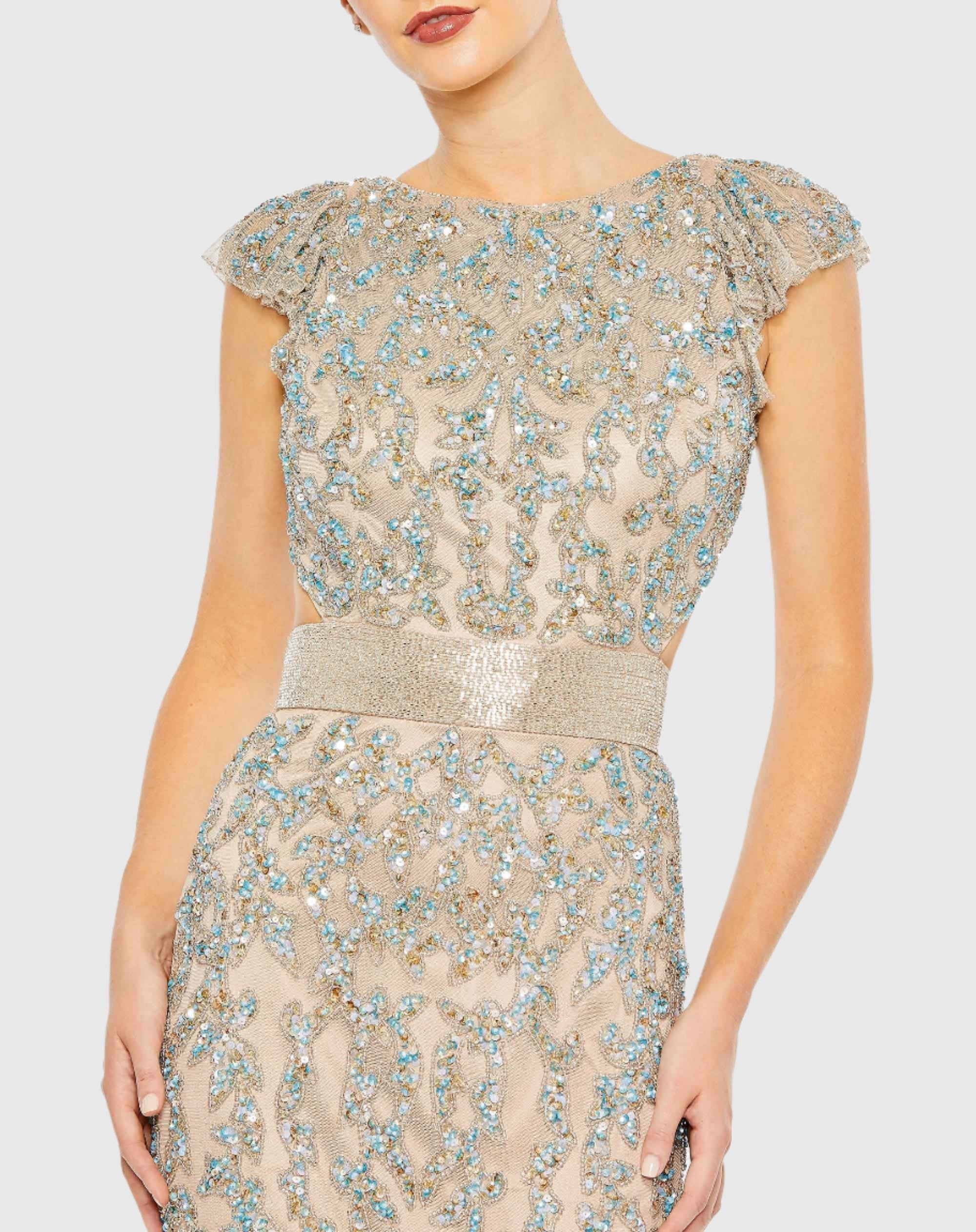 Damask Sequin Embellished Open Back Lace Up Cap Sleeve Gown - Mac Duggal