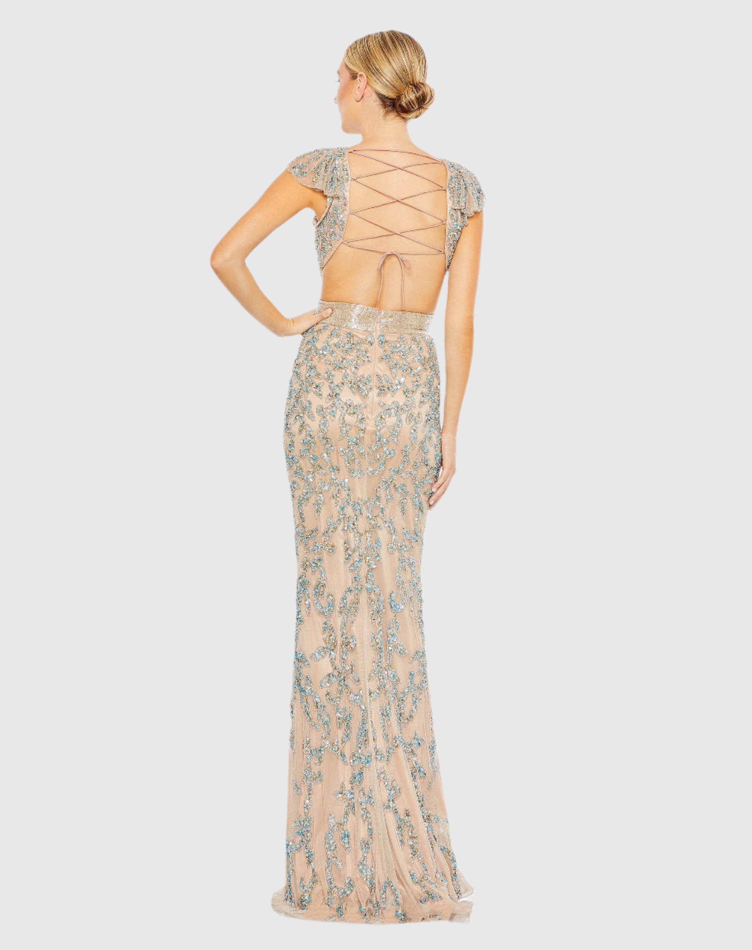 Damask Sequin Embellished Open Back Lace Up Cap Sleeve Gown - Mac Duggal