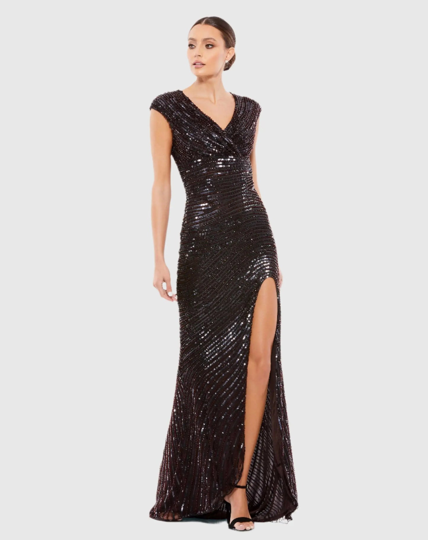 Mac Duggal - Brown Embellished Cap Sleeve Evening Gown - US 16 Mac Duggal - Brown Embellished Cap Sleeve Evening Gown - US 16