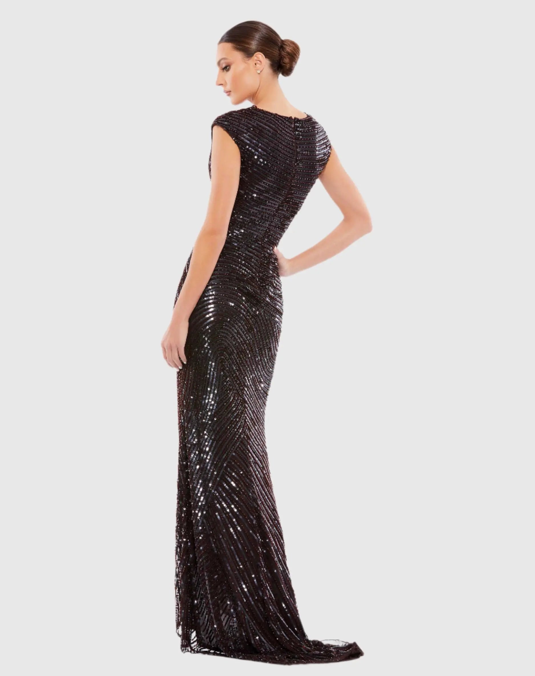 Brown Cap Sleeve Sequined Evening Gown - Mac Duggal