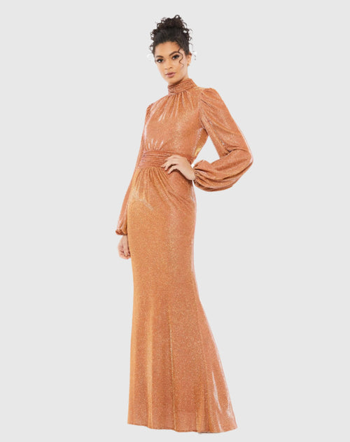 Draped Glitter Fabric High Neck Puff Sleeve Trumpet Gown