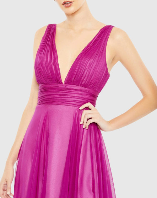 Draped Sleeveless V Neck Flowy Gown - Mac Duggal