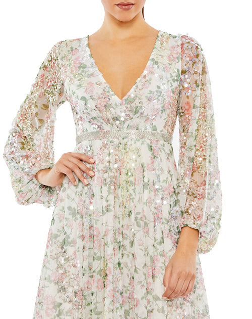 Embellished Floral Print Faux Wrap A Line Dress - Mac Duggal