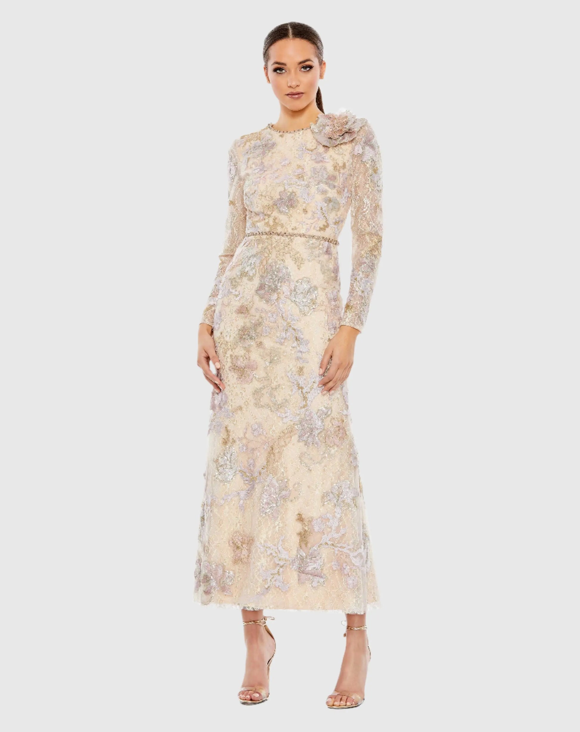 Embellished High Neck Long Sleeve Dress - Mac Duggal