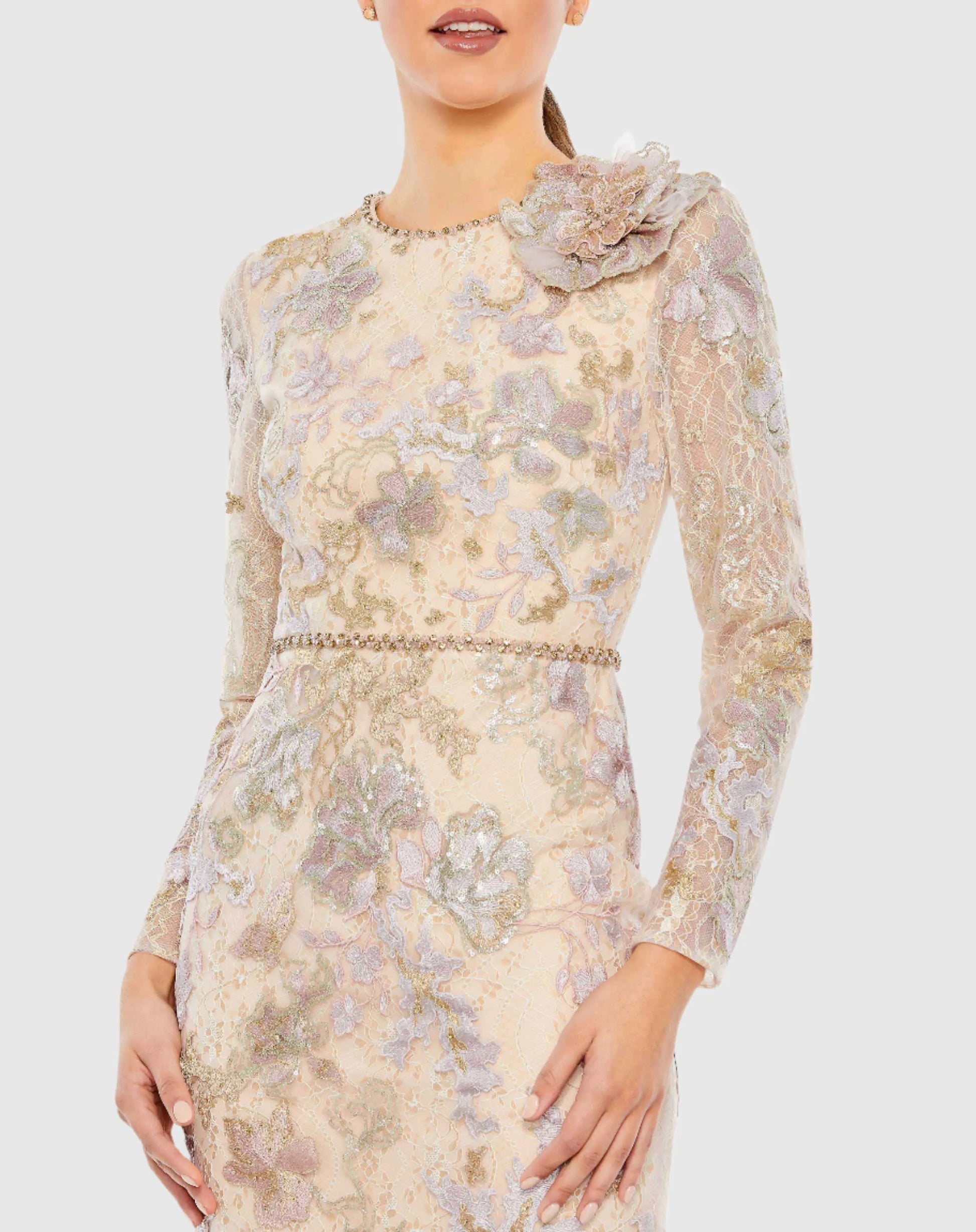 Embellished High Neck Long Sleeve Dress - Mac Duggal