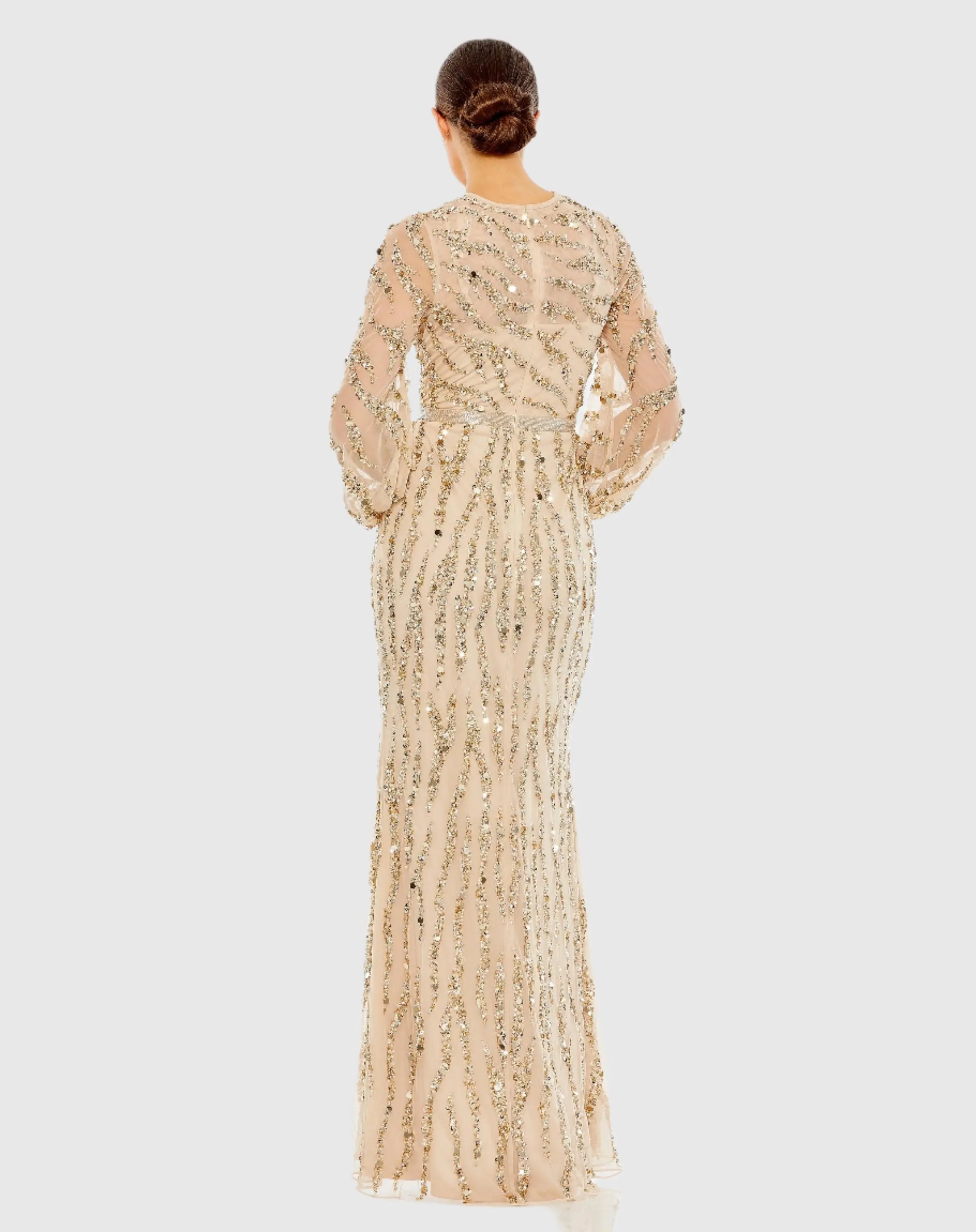 Embellished High Neck Puff Sleeve Trumpet Gown - Mac Duggal
