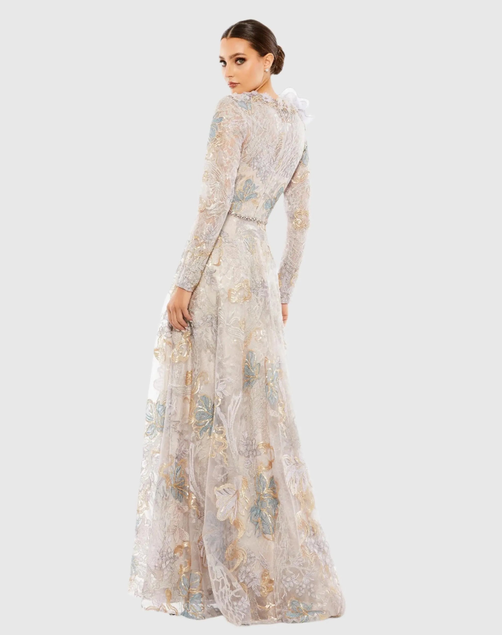 Embellished Long Sleeve High Neck Rose Applique Gown