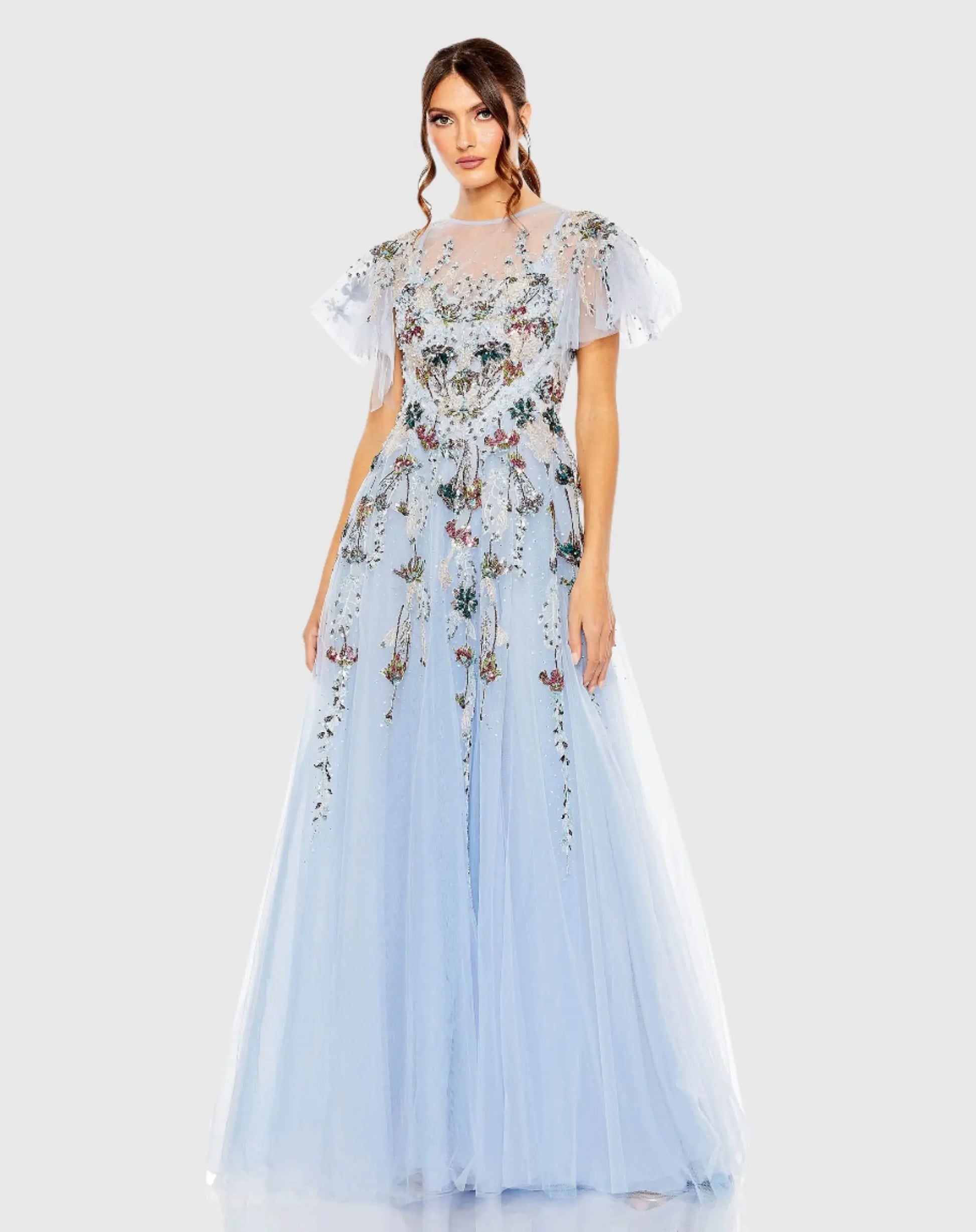 Embellished Multi Color Flutter Sleeve A-Line Dress - Mac Duggal