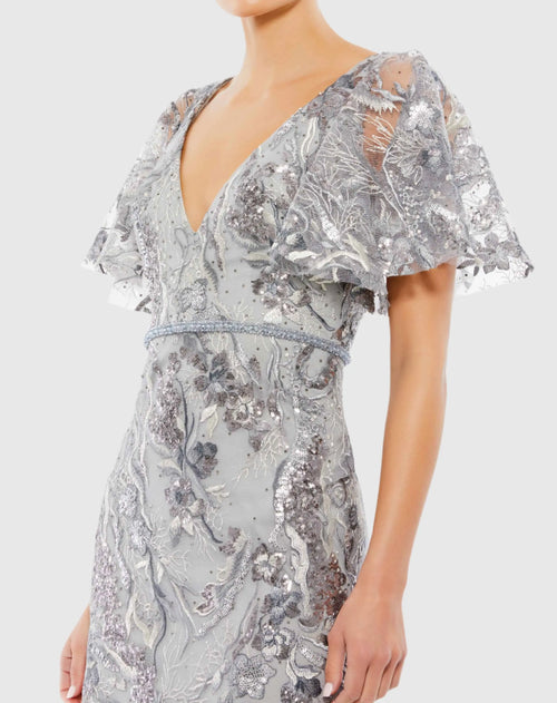 Embellished V Neck Butterfly Sleeve Trumpet Gown - Mac Duggal