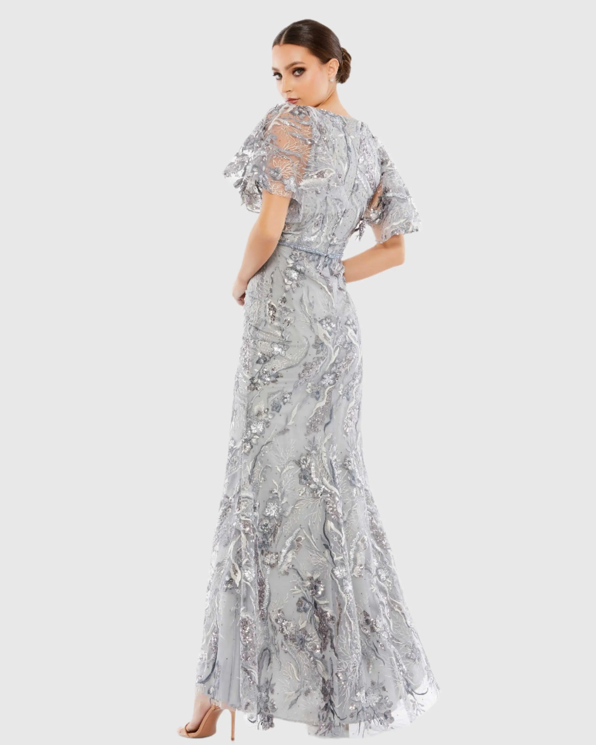 Embellished V Neck Butterfly Sleeve Trumpet Gown - Mac Duggal