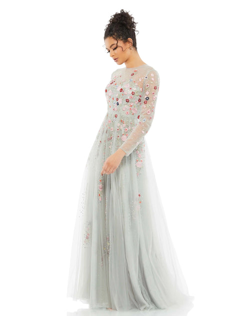 Embroidered Illusion High Neck Long Sleeve A Line Gown