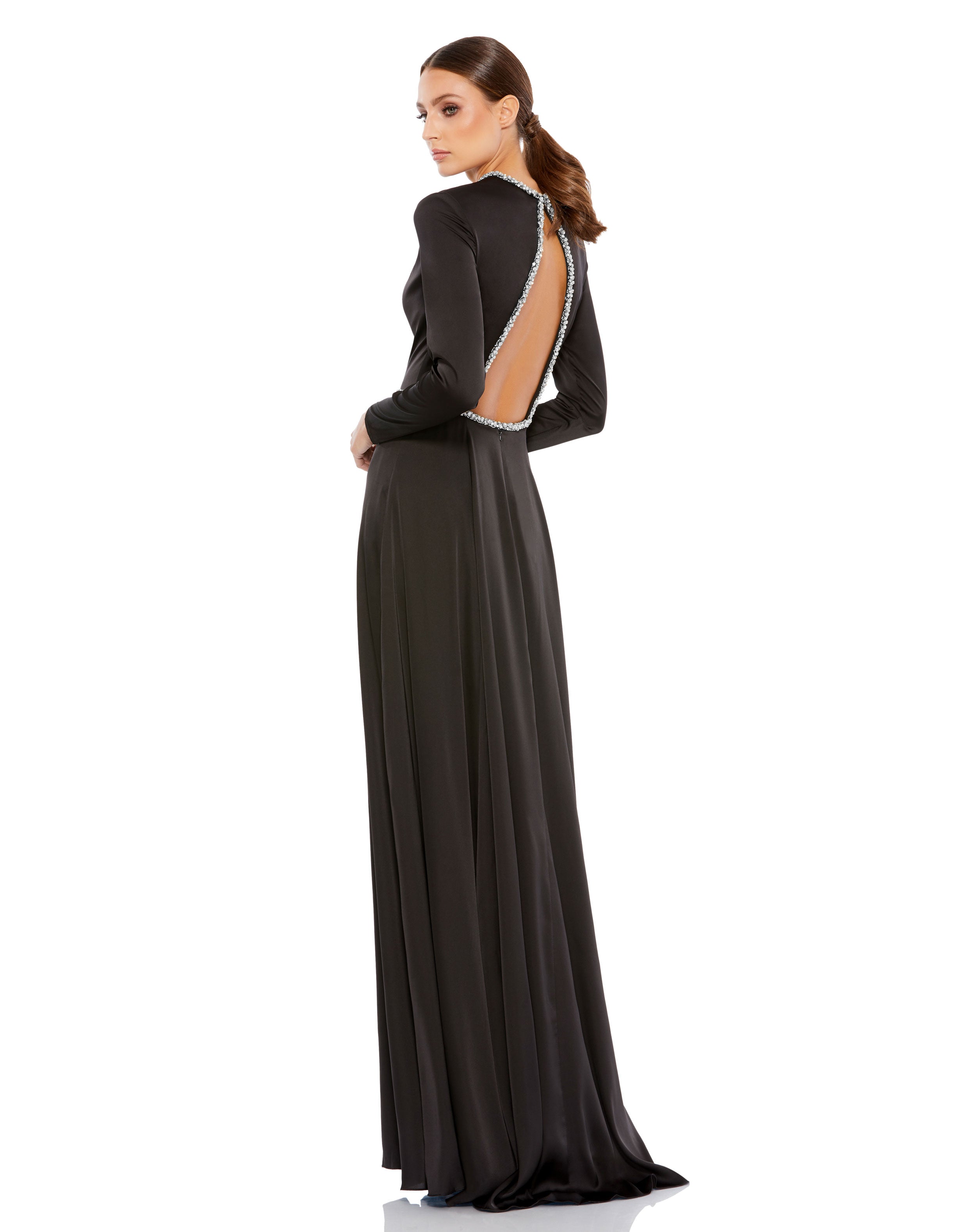 Long Sleeve Jewel Trimmed Charmeuse Gown - FINAL SALE