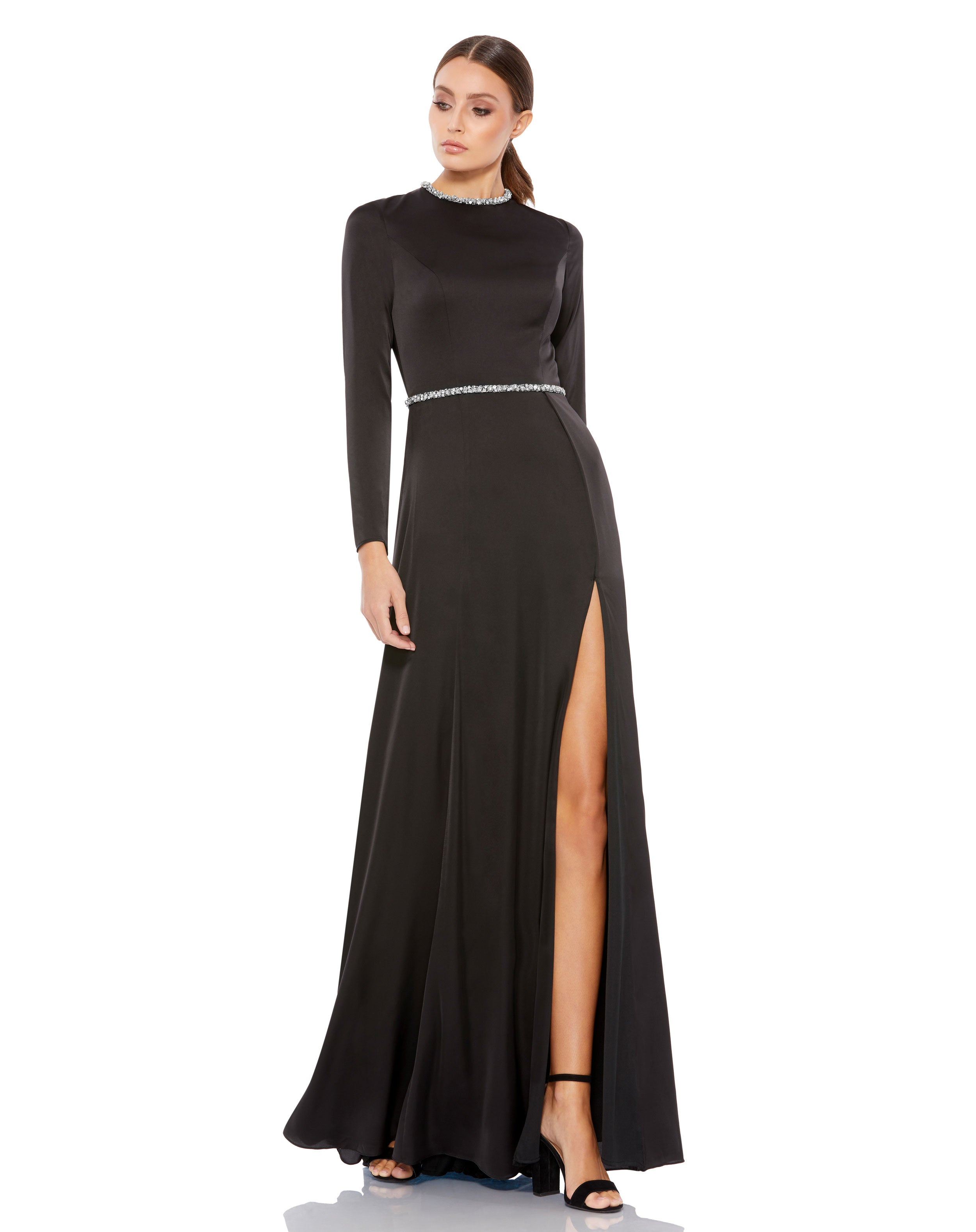 Long Sleeve Jewel Trimmed Charmeuse Gown