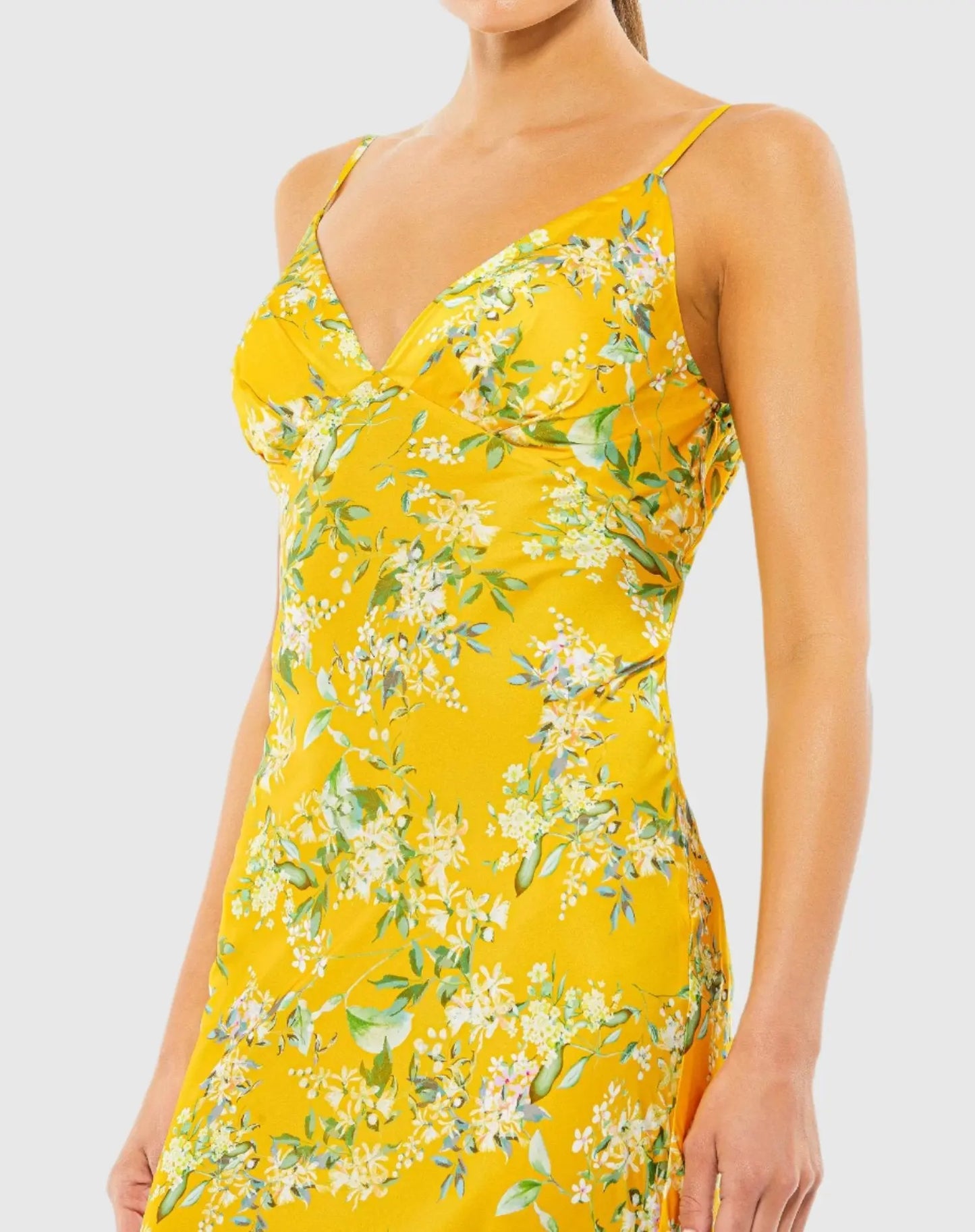 Floral Print Empire Waist Bias Cut Sleeveless Trumpet Gown - Mac Duggal