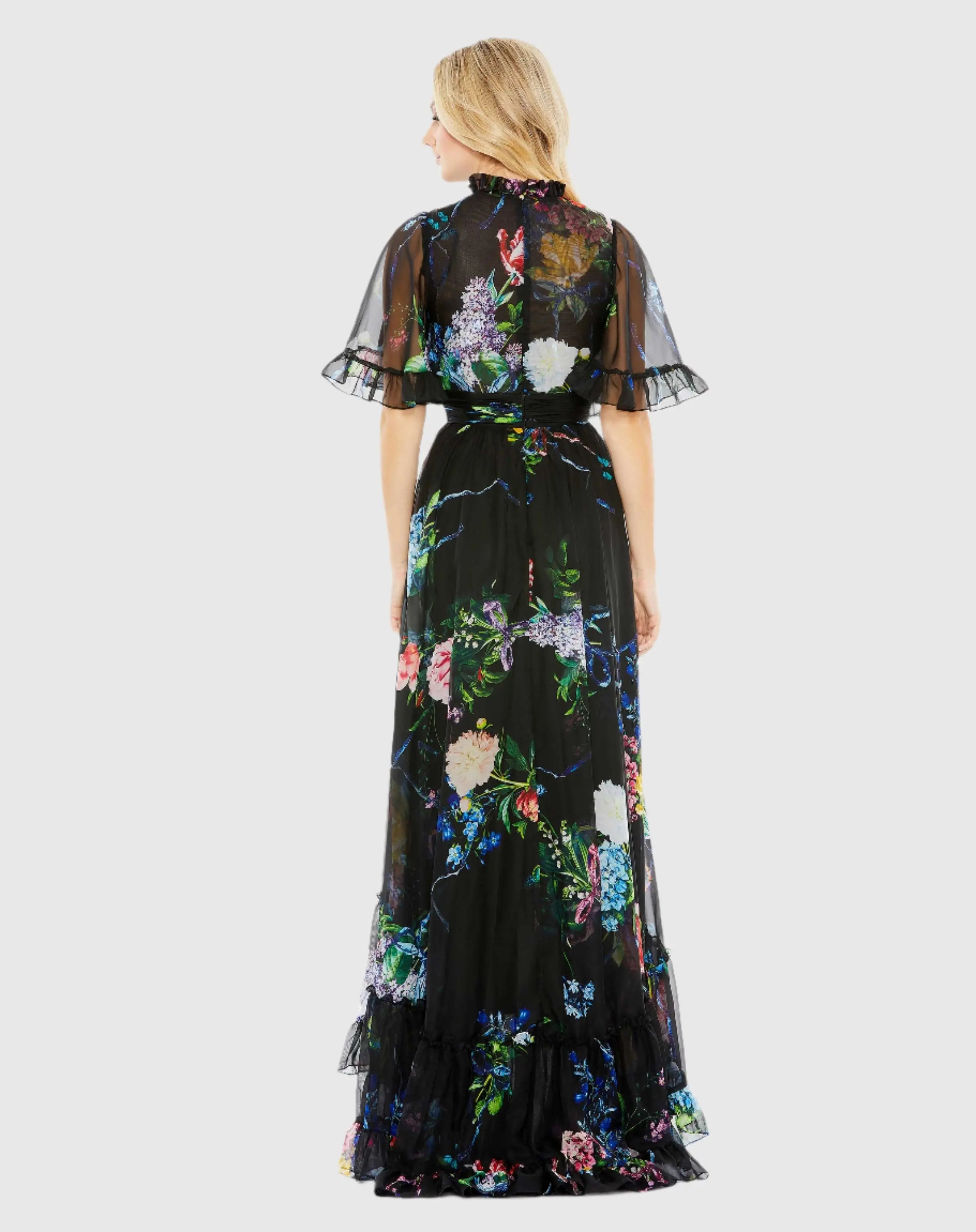 Floral Print Ruffled High Neck Flutter Sleeve Gown - Mac Duggal