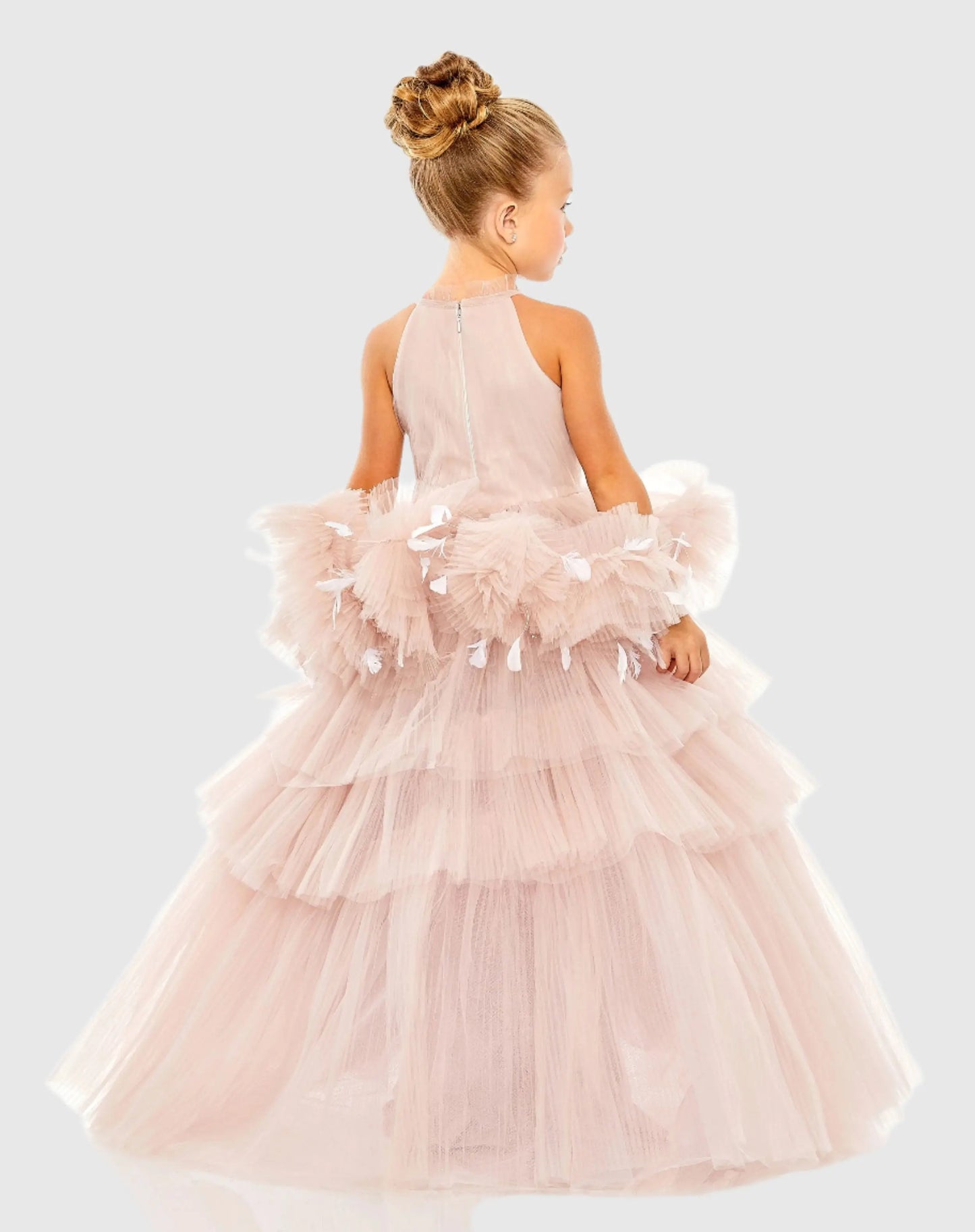 Girls High Neck Tulle Dress with Feather Detail - Mac Duggal