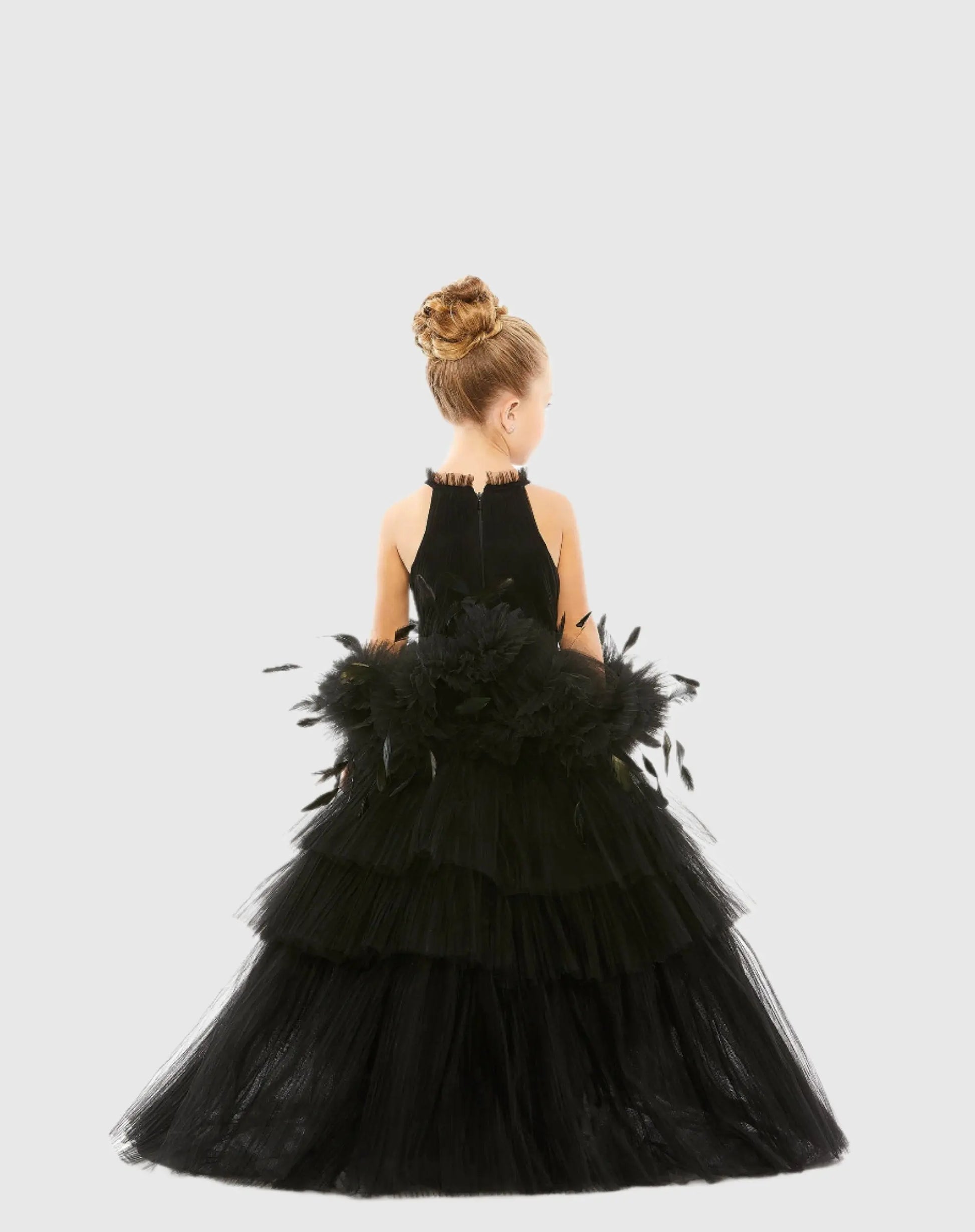 Girls High Neck Tulle Dress with Feather Detail - Mac Duggal