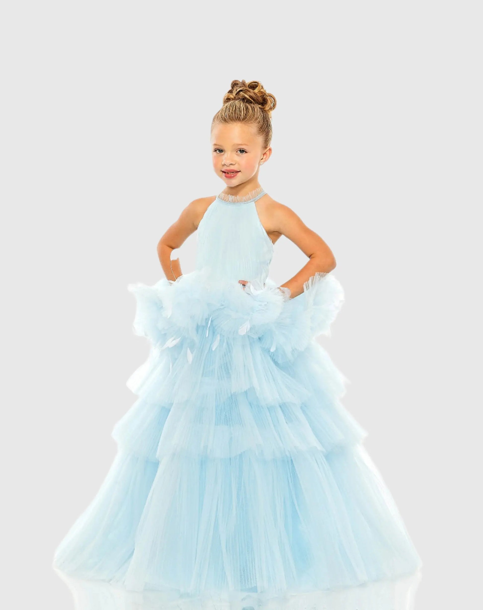 Girls High Neck Tulle Dress with Feather Detail - Mac Duggal