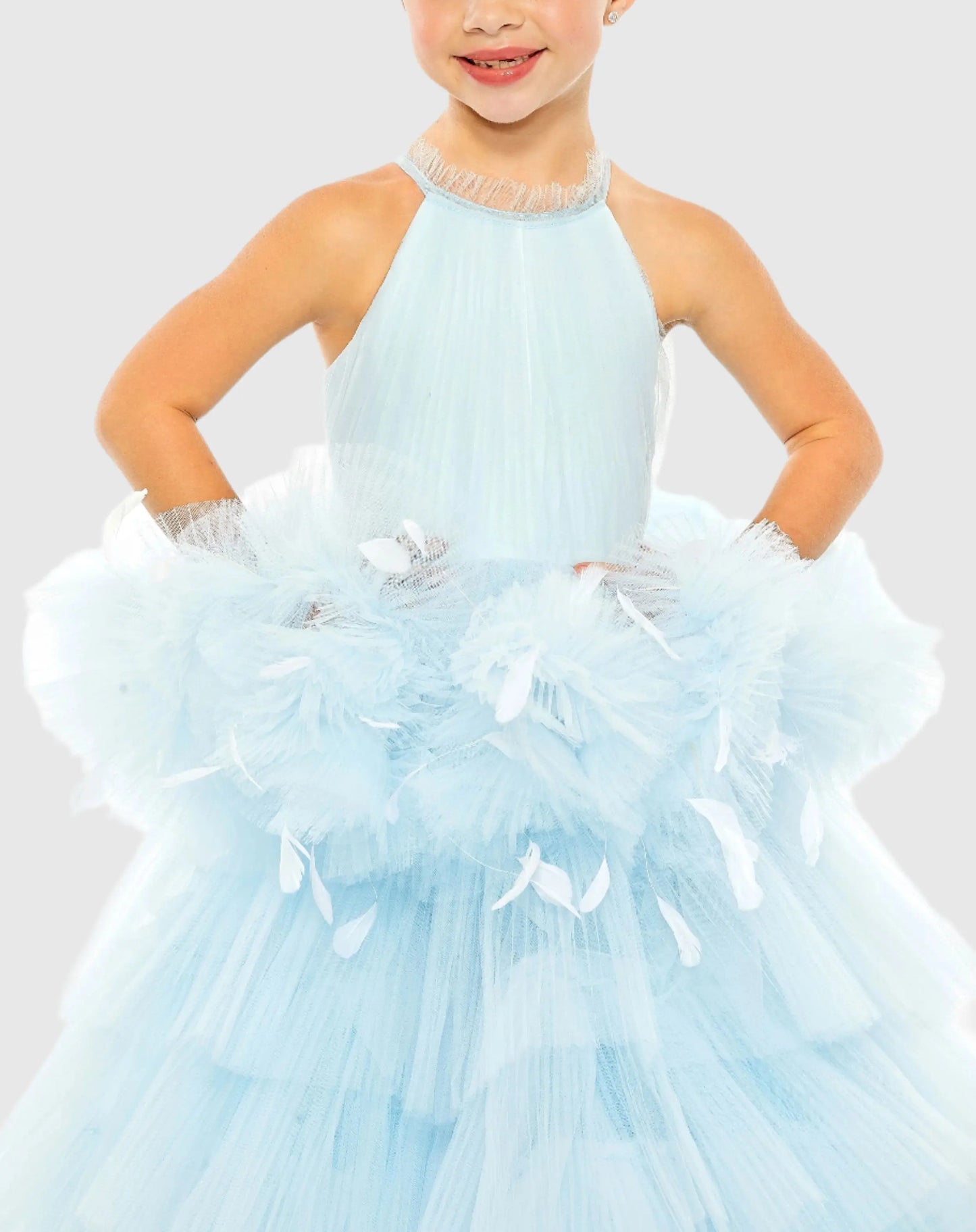 Girls High Neck Tulle Dress with Feather Detail - Mac Duggal