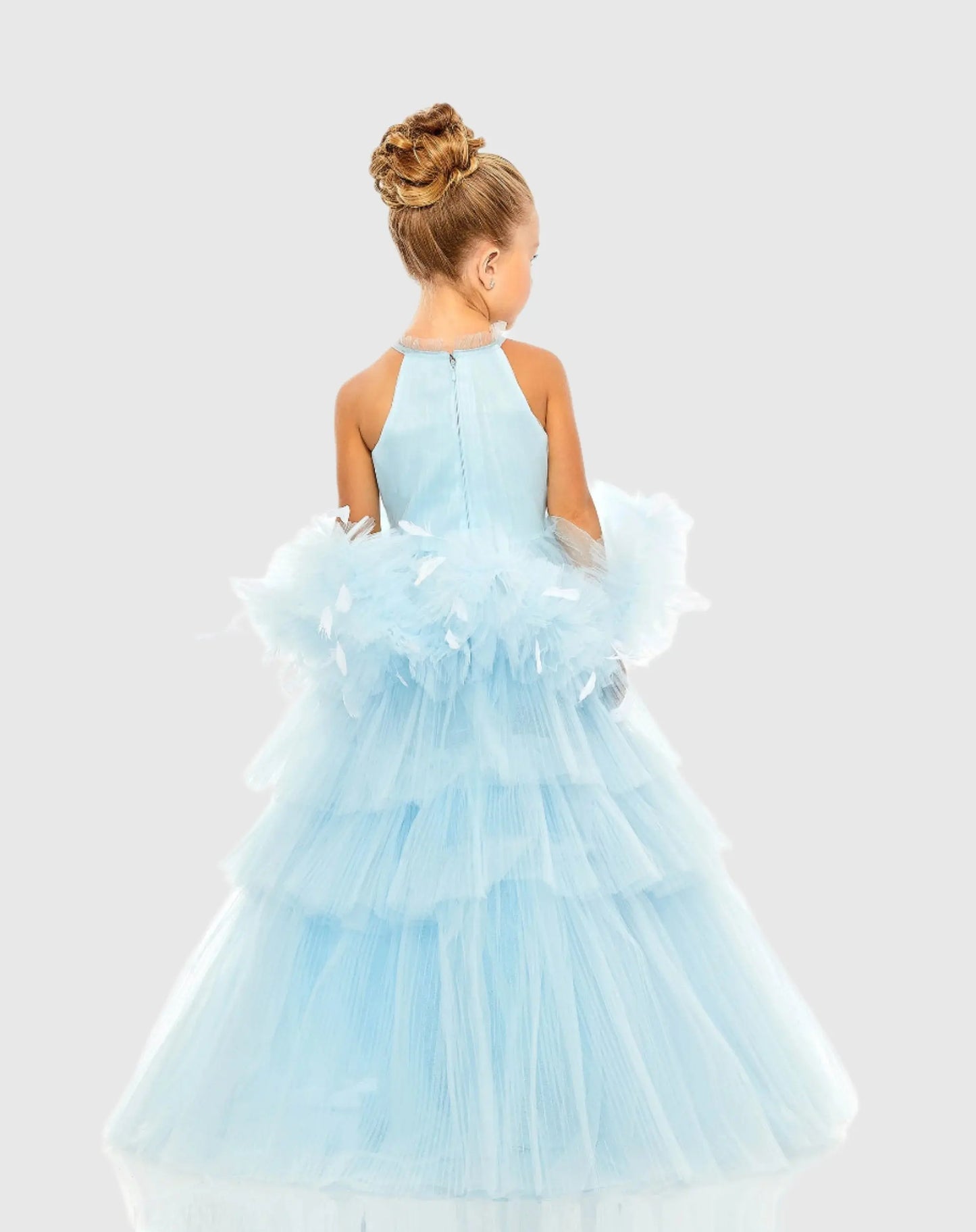 Girls High Neck Tulle Dress with Feather Detail - Mac Duggal